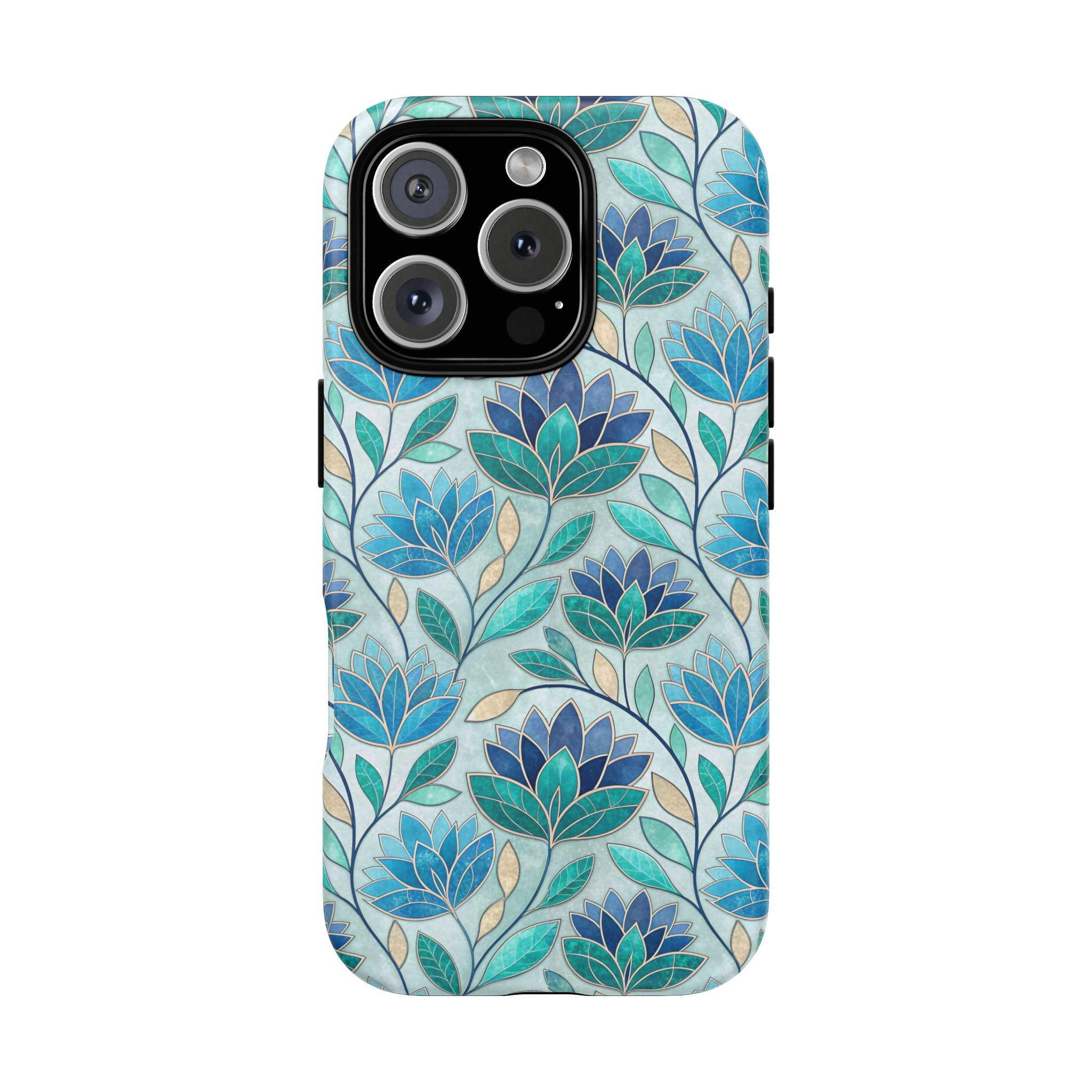 Mosaic iPhone Case, Stained Glass Floral Phone Cover, Teal Blue Protective Case, Matte Glossy Options, Artistic Mosaic Pattern