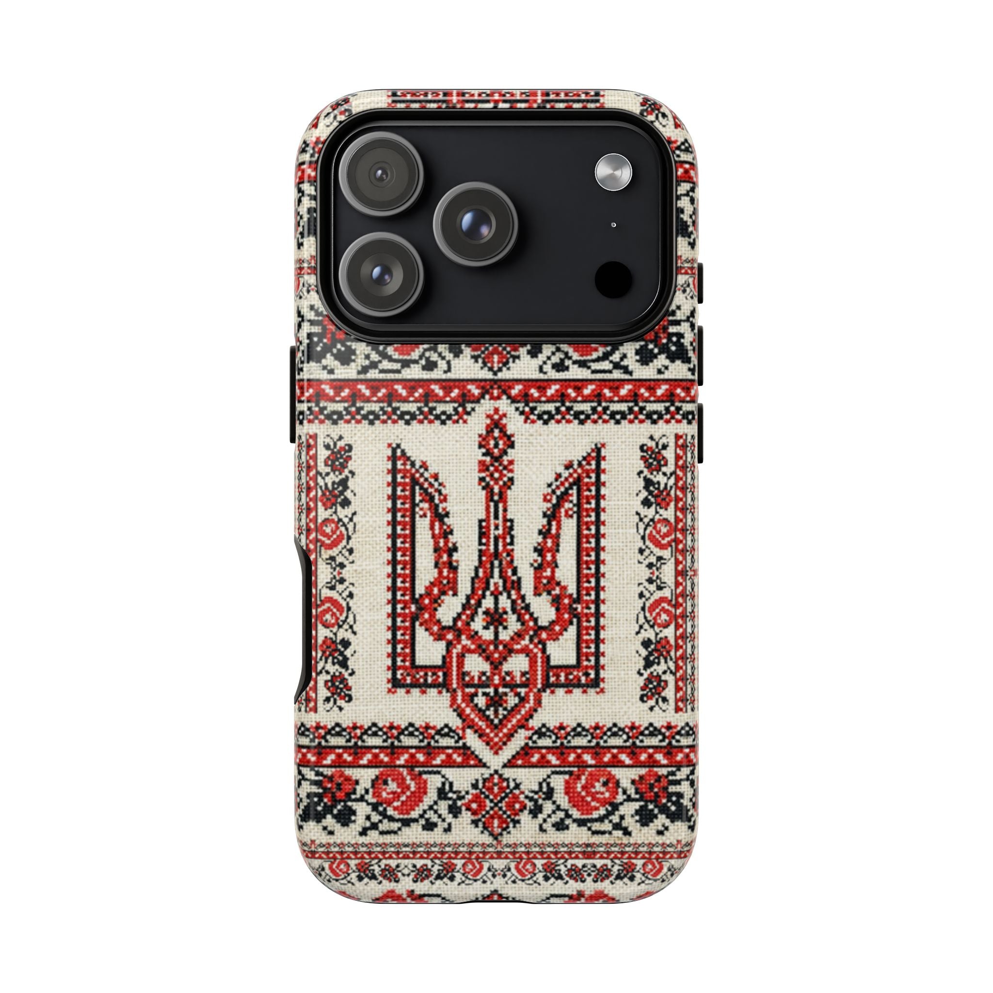 Ukrainian Trident Embroidery Phone Case • Red Black Trident Pattern • Protective Folk Art Cover for iPhone & Samsung