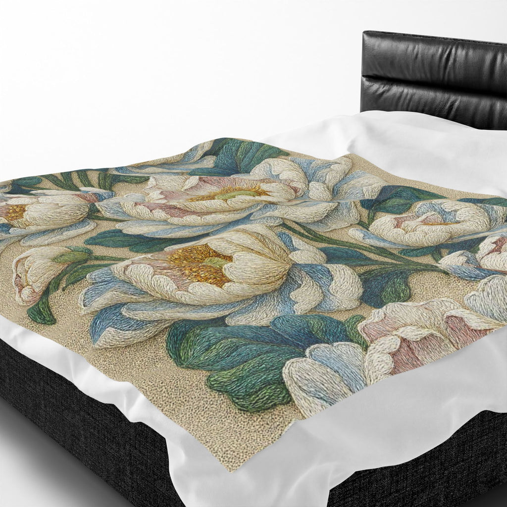 Petrykivka Bloom Blanket – White Peony Velvet Plush Throw, Sage Green Cottagecore