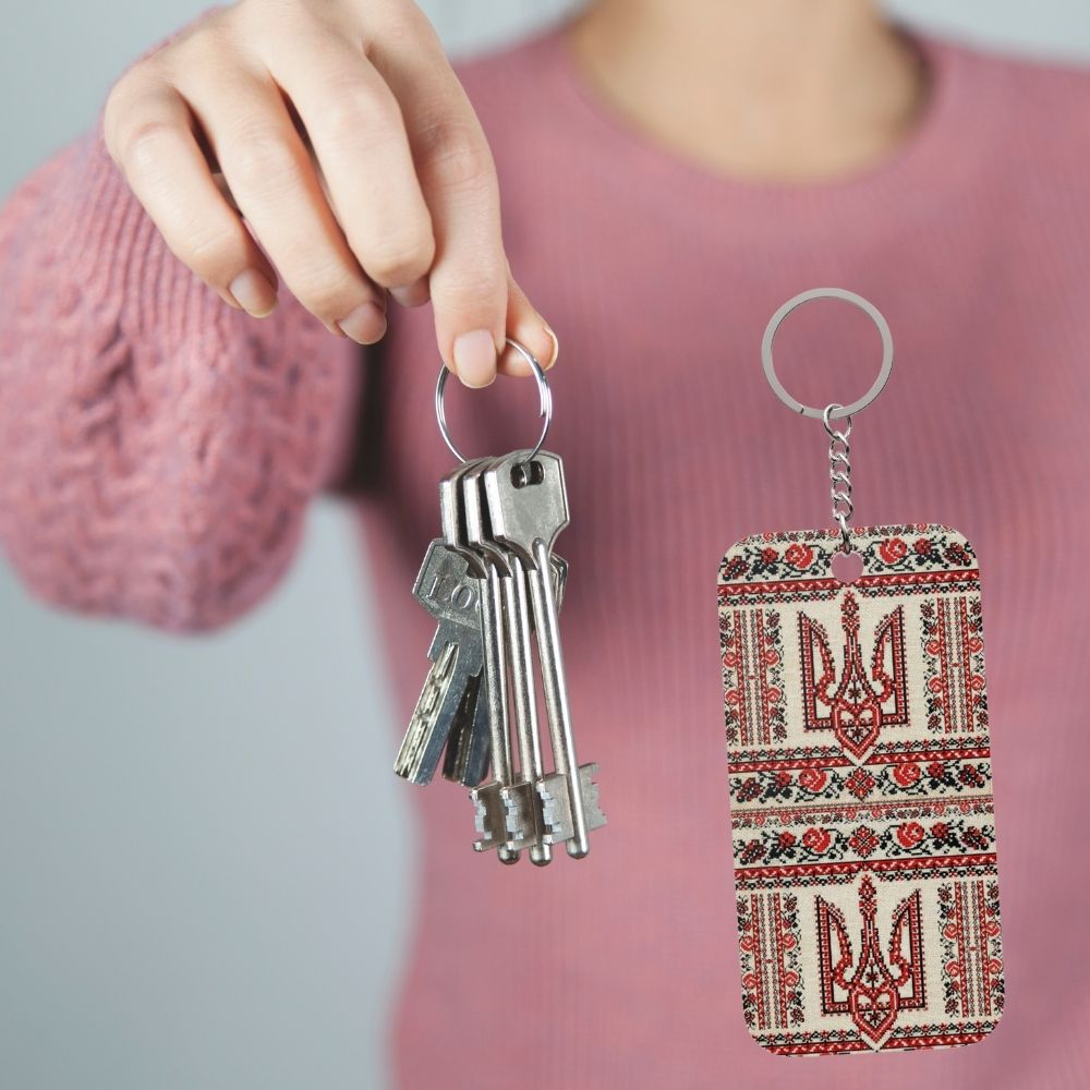 Ukrainian Tryzub keychain with red black embroidered folk pattern