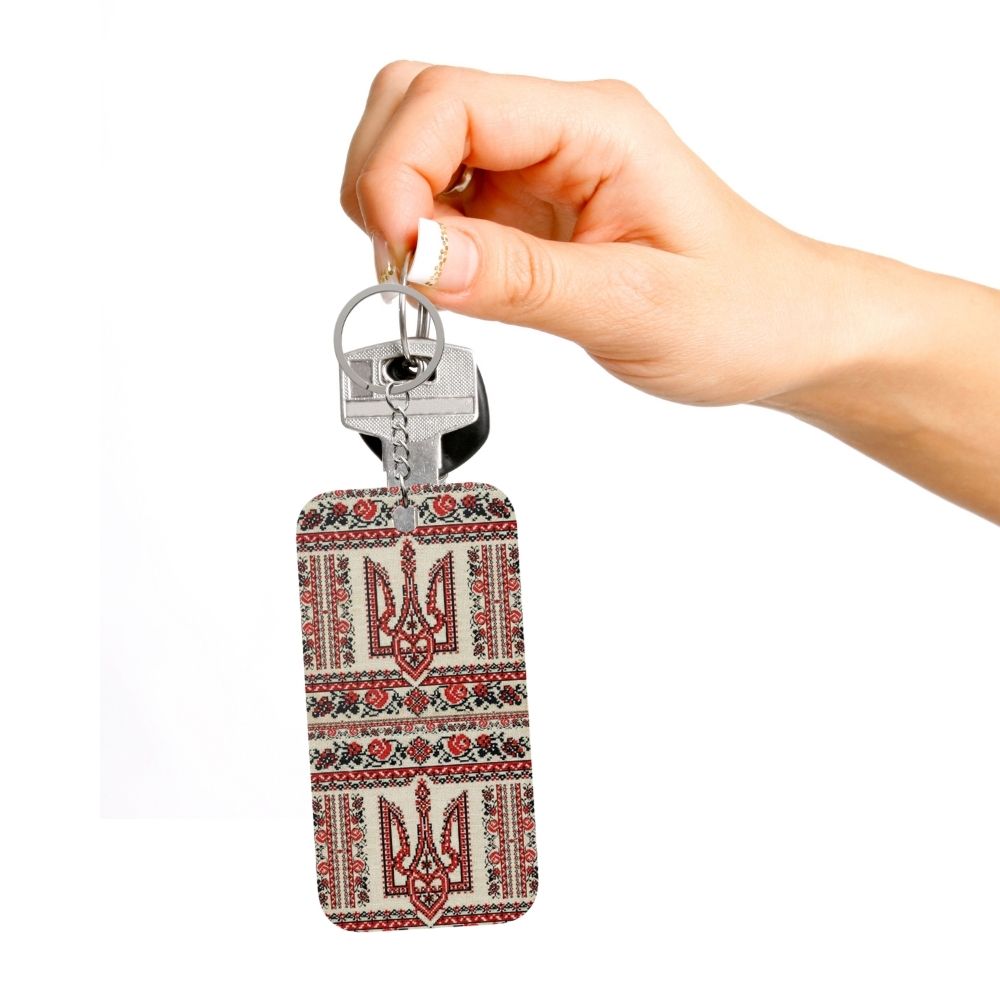 Ukrainian Tryzub keychain with red black embroidered folk pattern