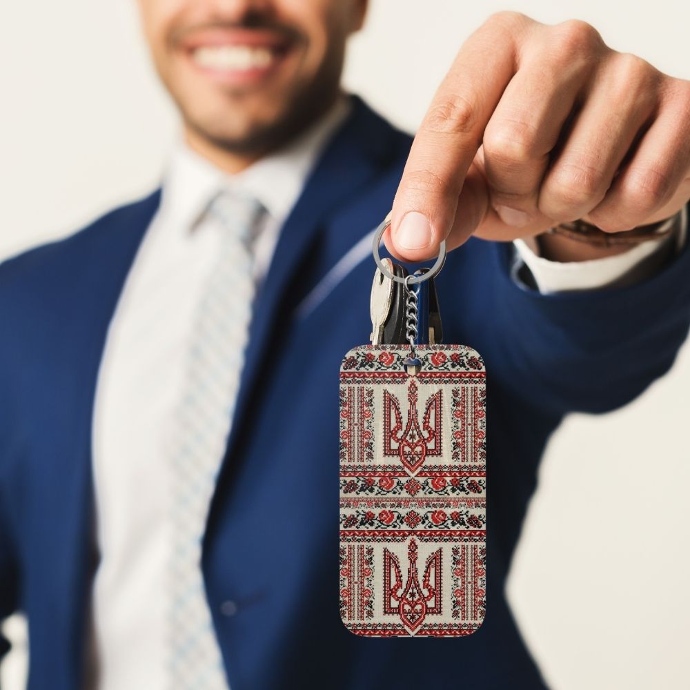 Ukrainian Tryzub keychain with red black embroidered folk pattern