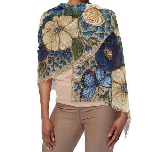 Wild Beauty Floral Scarf – Blue & Cream Botanical Shawl Wrap