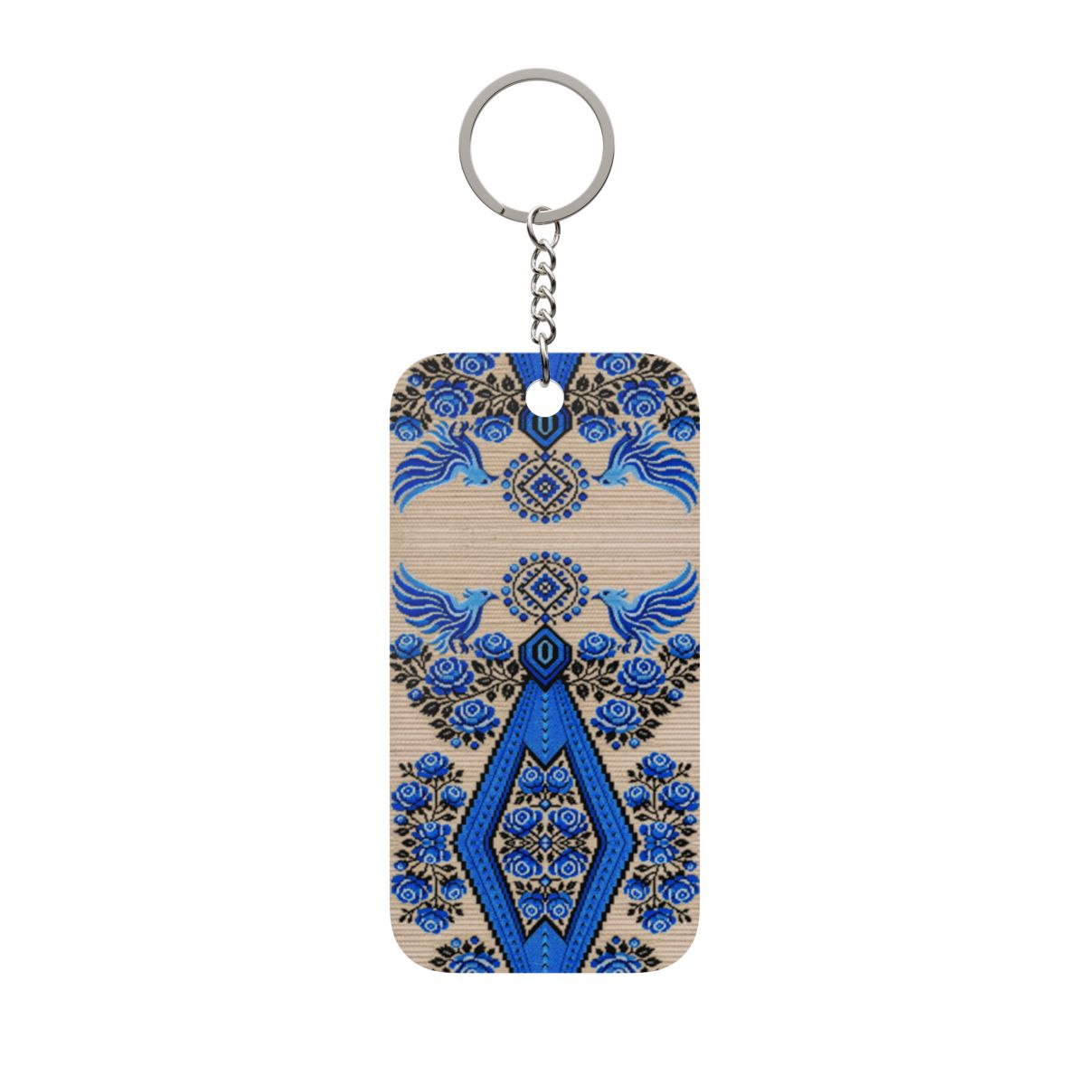 Ukrainian Berehynia keychain with blue black geometric folk art pattern
