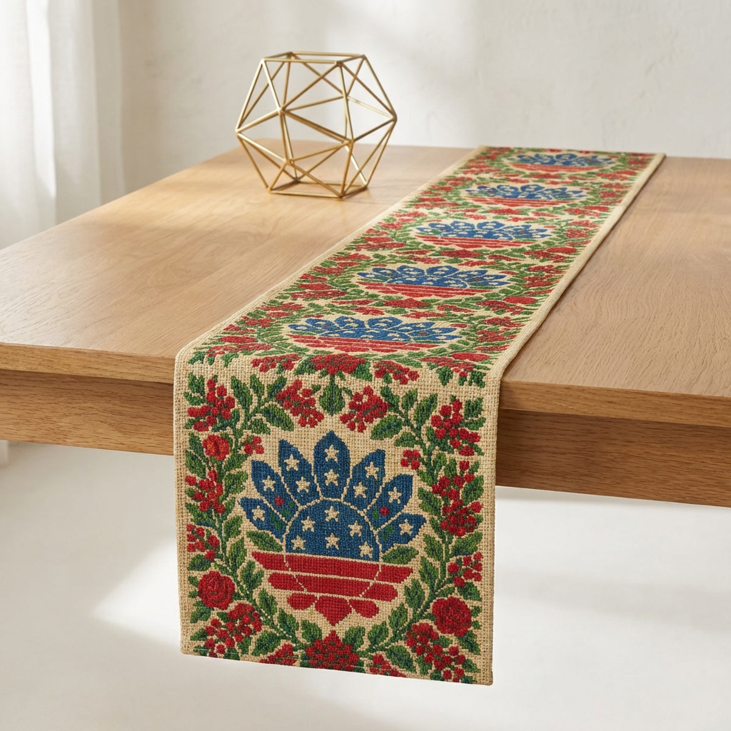 America 250 Floral Table Runner – Patriotic Medallion Design | Farmhouse & Americana Decor