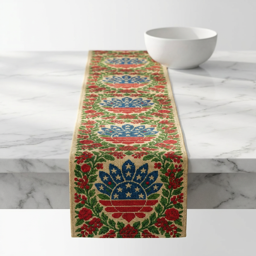 America 250 Floral Table Runner – Patriotic Medallion Design | Farmhouse & Americana Decor