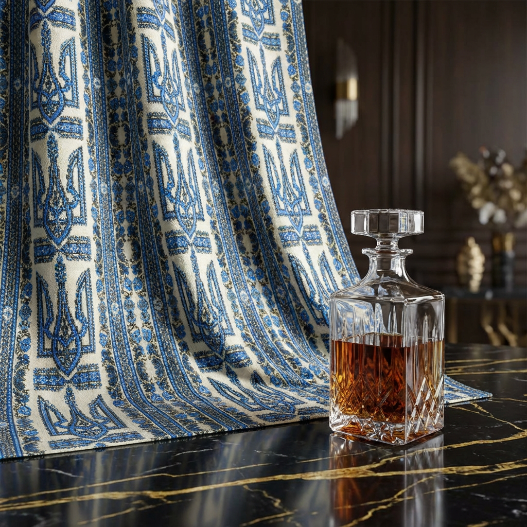 Ukrainian Trident Blue Sheer Curtain | Tryzub Folk Decor | Artist-Designed