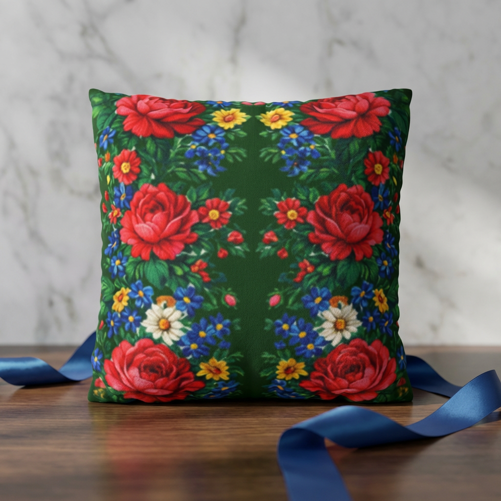 Square decorative pillowcase with a vibrant kaleidoscope pattern of red roses and small wildflowers on a dark green background, placed on a wooden surface with a blue silk ribbon.