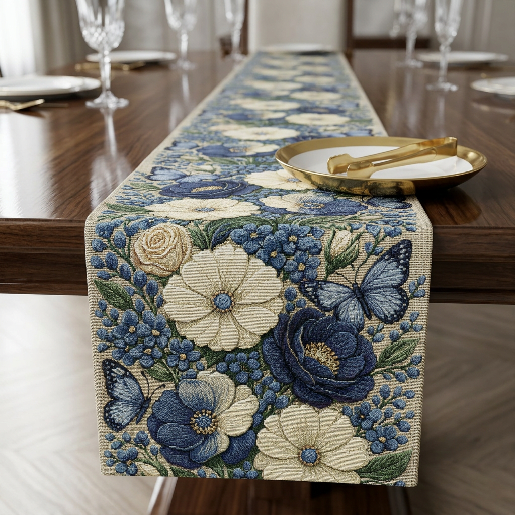 A long table runner featuring a rich blue and cream floral pattern with butterflies, displayed on a wooden dining table set with blue plates and wine glasses.