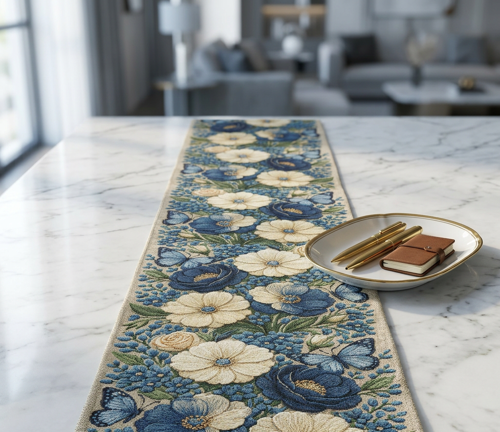 Wild Beauty Floral Table Runner – Blue & Cream Botanical Design
