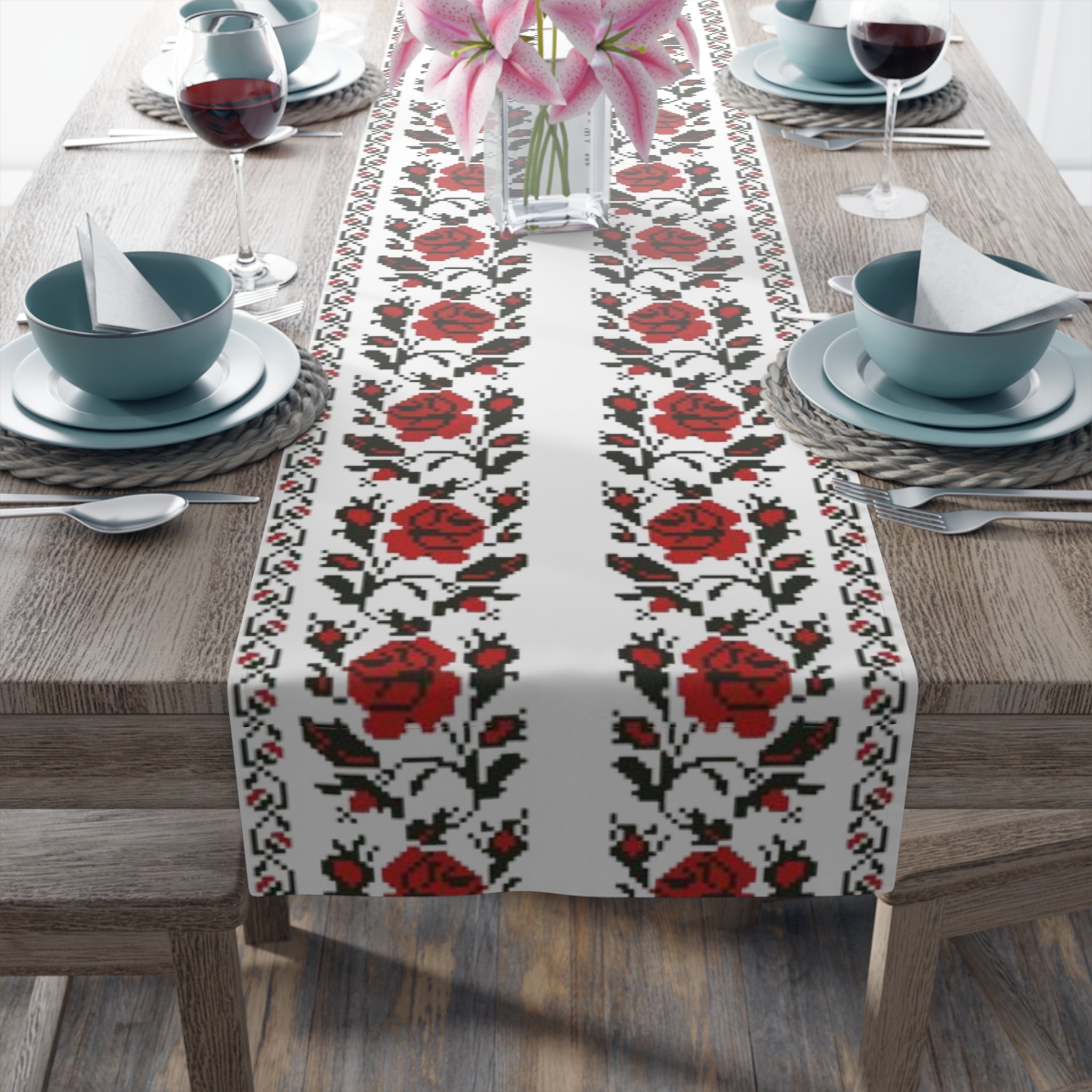 BLUESKYDEZIGN Ukrainian Traditional Table Runner - Red Black Heritage Decor