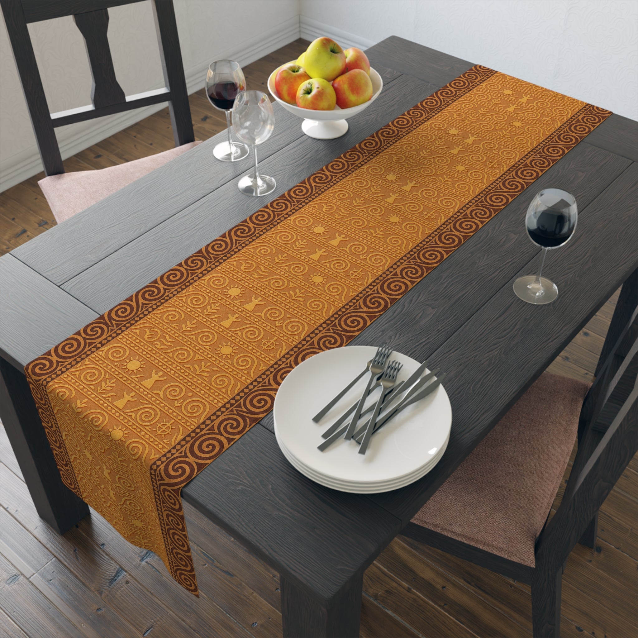 Trypillian Code Table Runner | Terracotta Ancient Symbol Farmhouse Decor