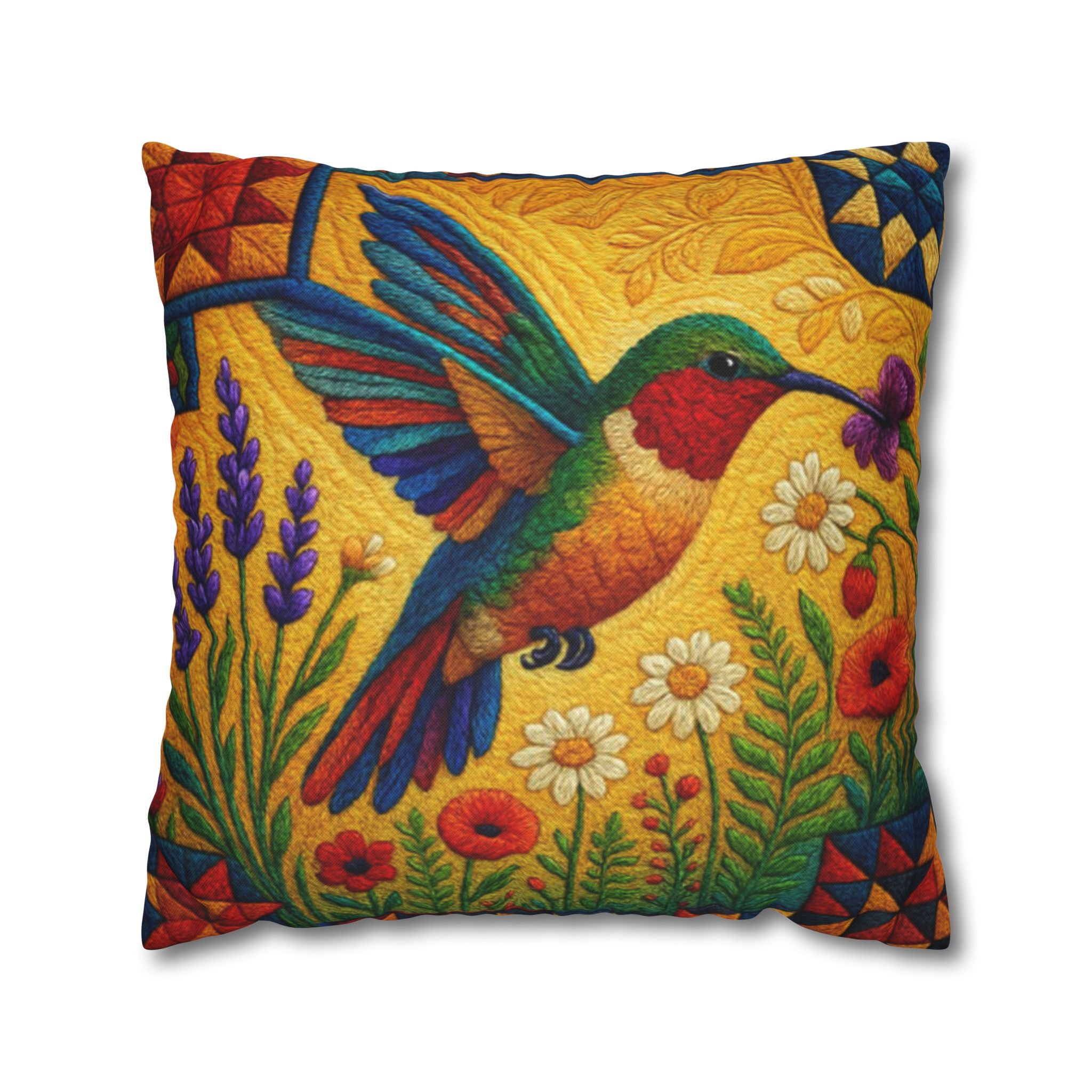 Hummingbird Garden decorative pillowcase with vibrant folk art floral design — colorful hummingbirds, wildflowers and botanical motifs in rich gold, emerald and berry tones, double-sided print with concealed zipper

