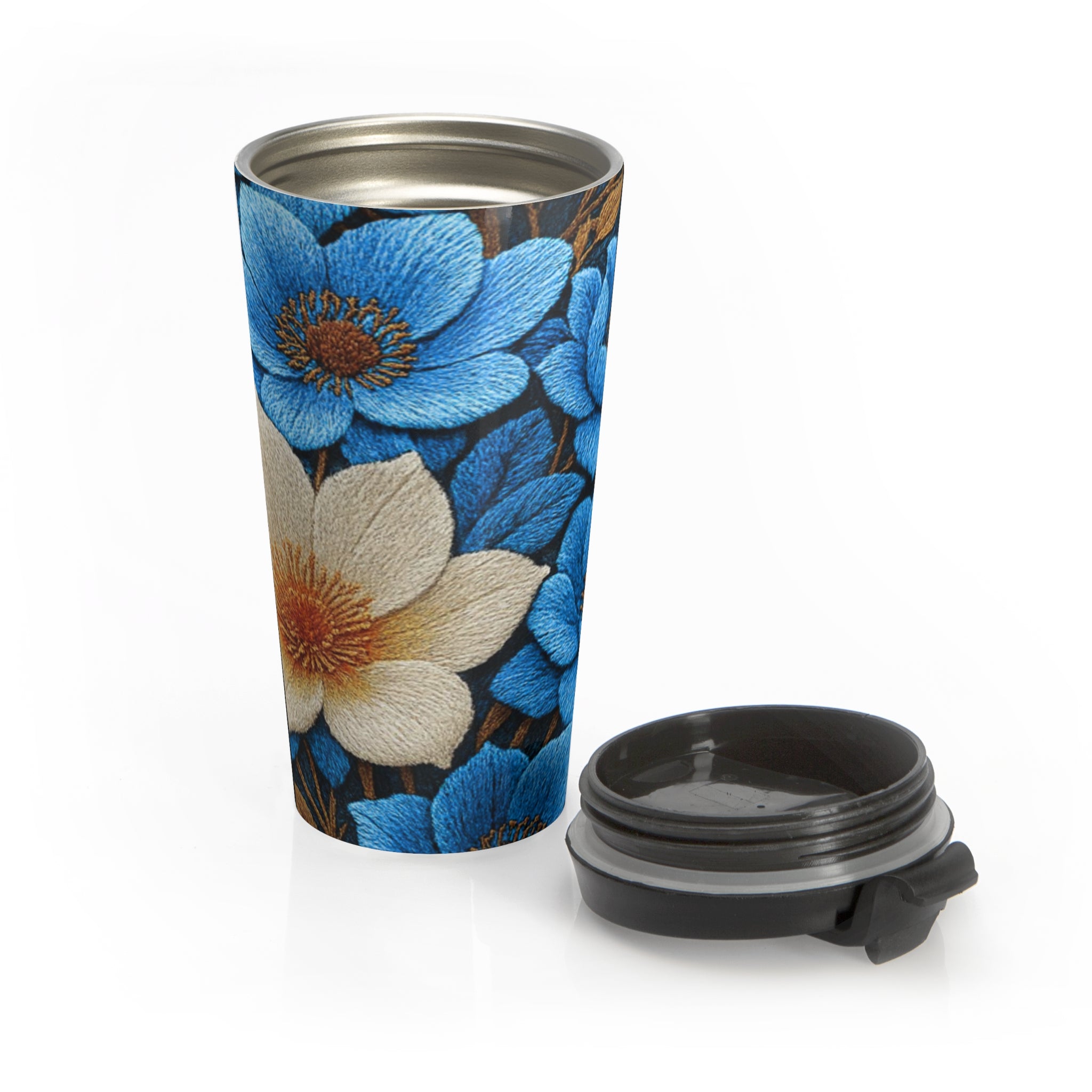 Midnight Symphony Floral Travel Mug – Navy Blue & Cream Botanical Tumbler, 15oz Insulated Coffee Cup