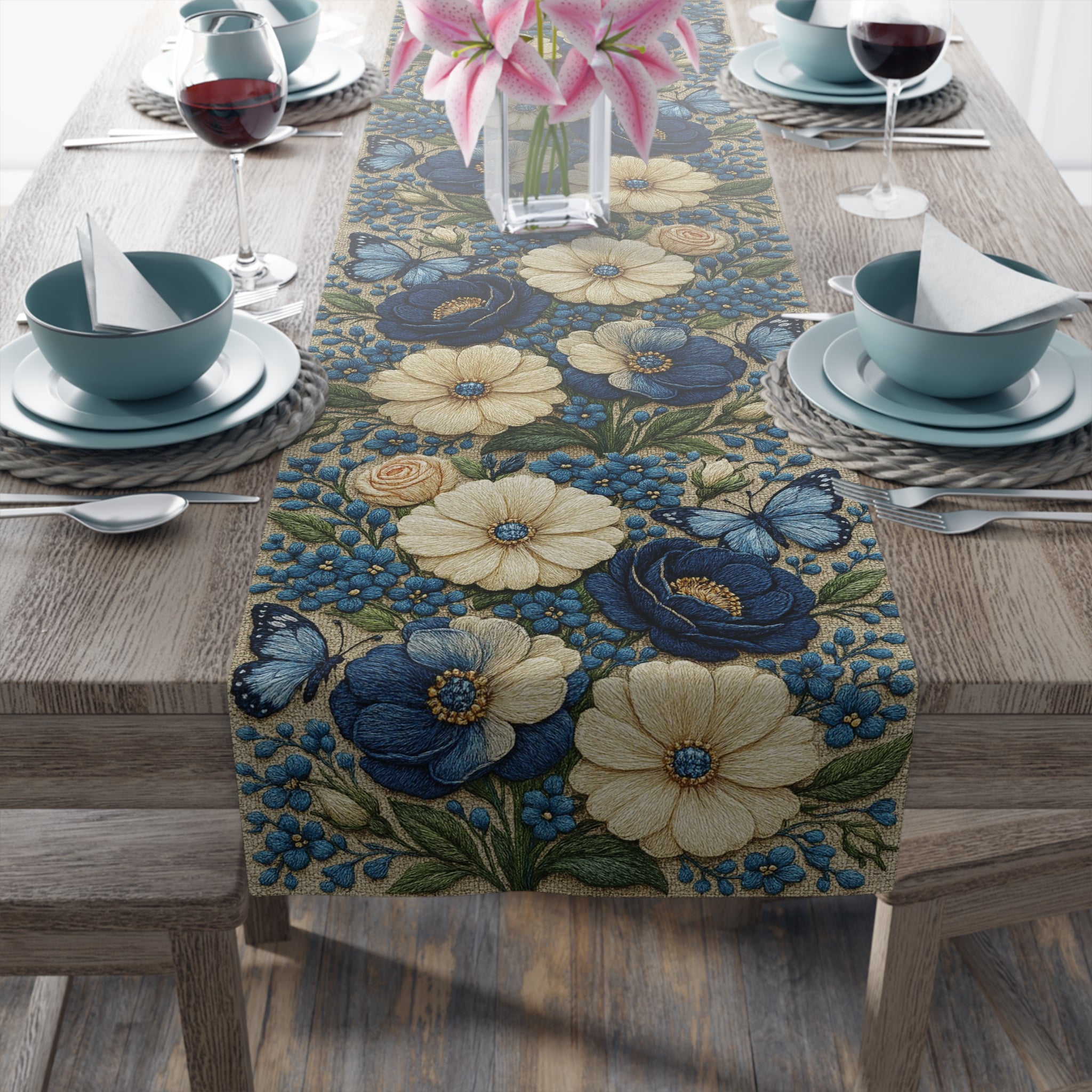 Wild Beauty Floral Table Runner – Blue & Cream Botanical Design