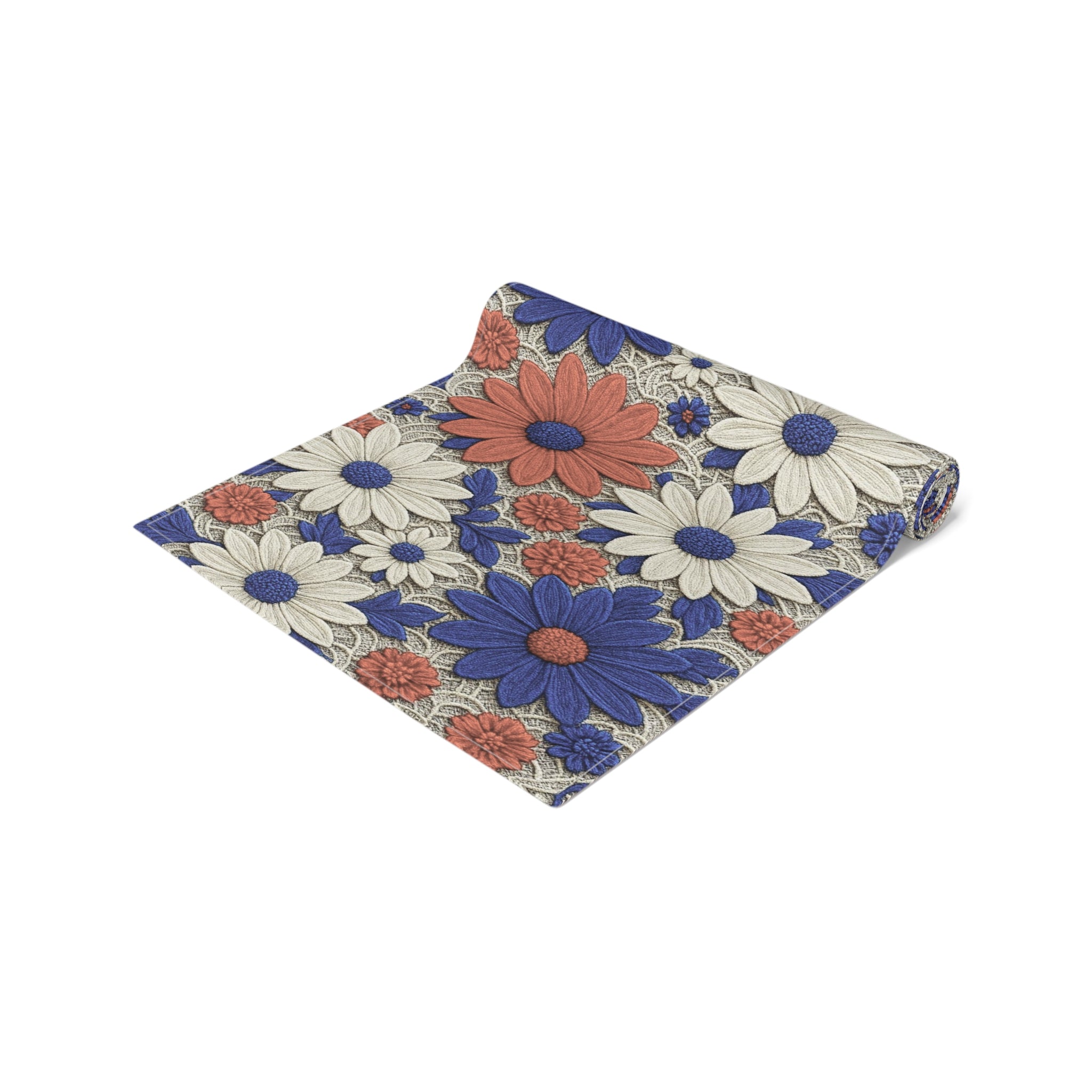 Retro Daisy Floral Table Runner — Vintage Farmhouse Boho Decor, Cotton or Polyester | BLUESKYDEZIGN