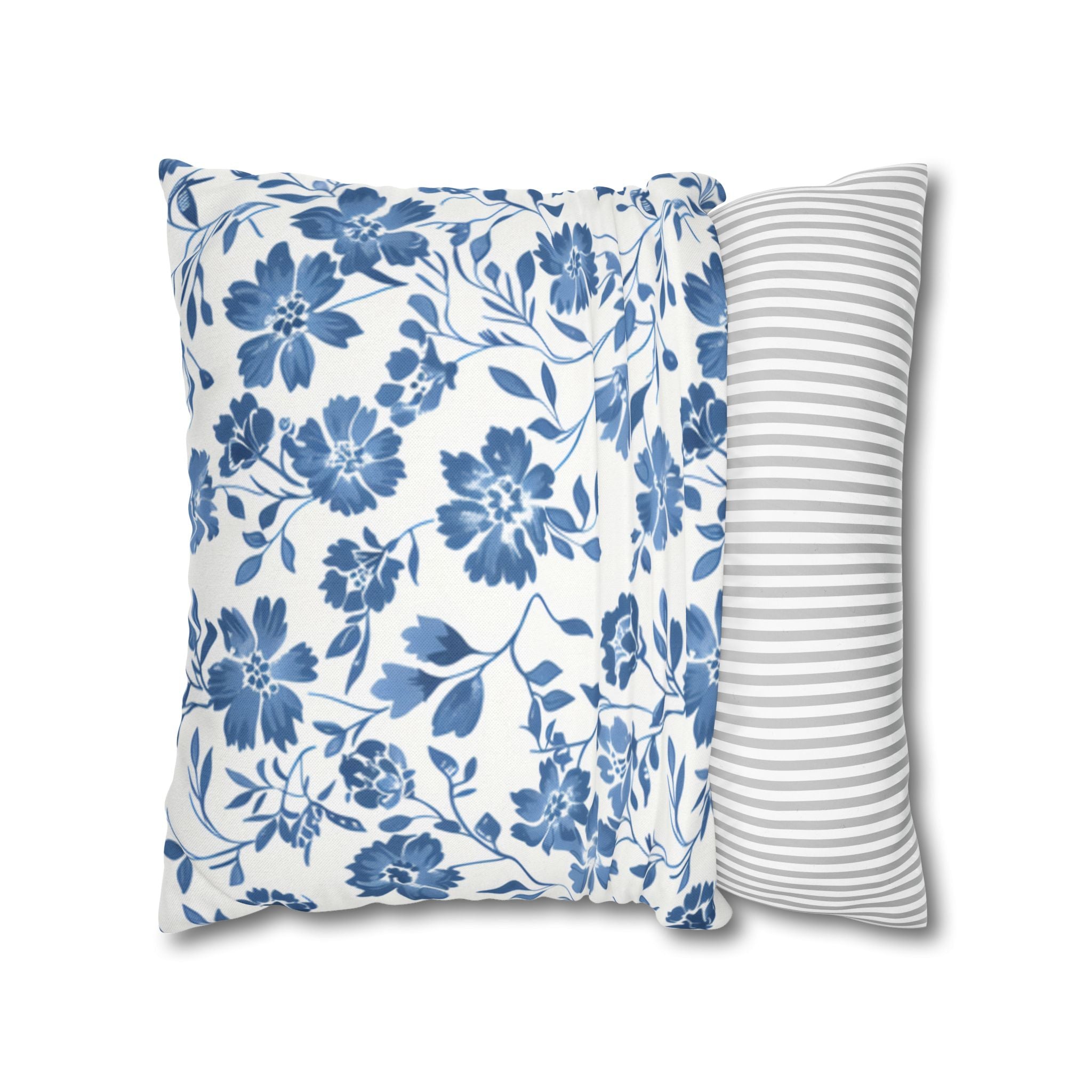 Light Blue Floral Pillowcase Spun Polyester Square Pillowcase | Blue Flower Pillow Cover