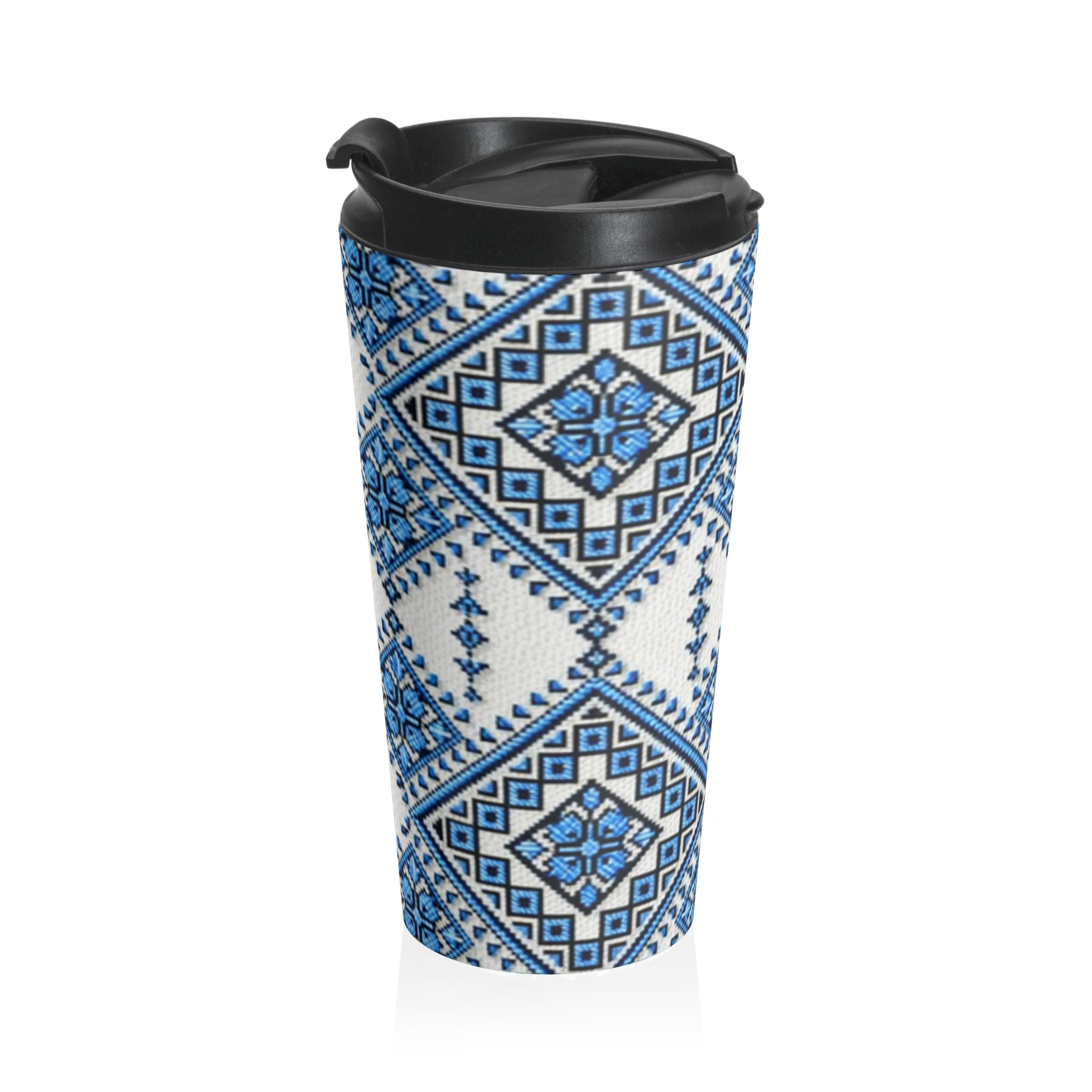Blue Geometric Plaid Travel Mug — Insulated Stainless Steel Tumbler | BLUESKYDEZIGN