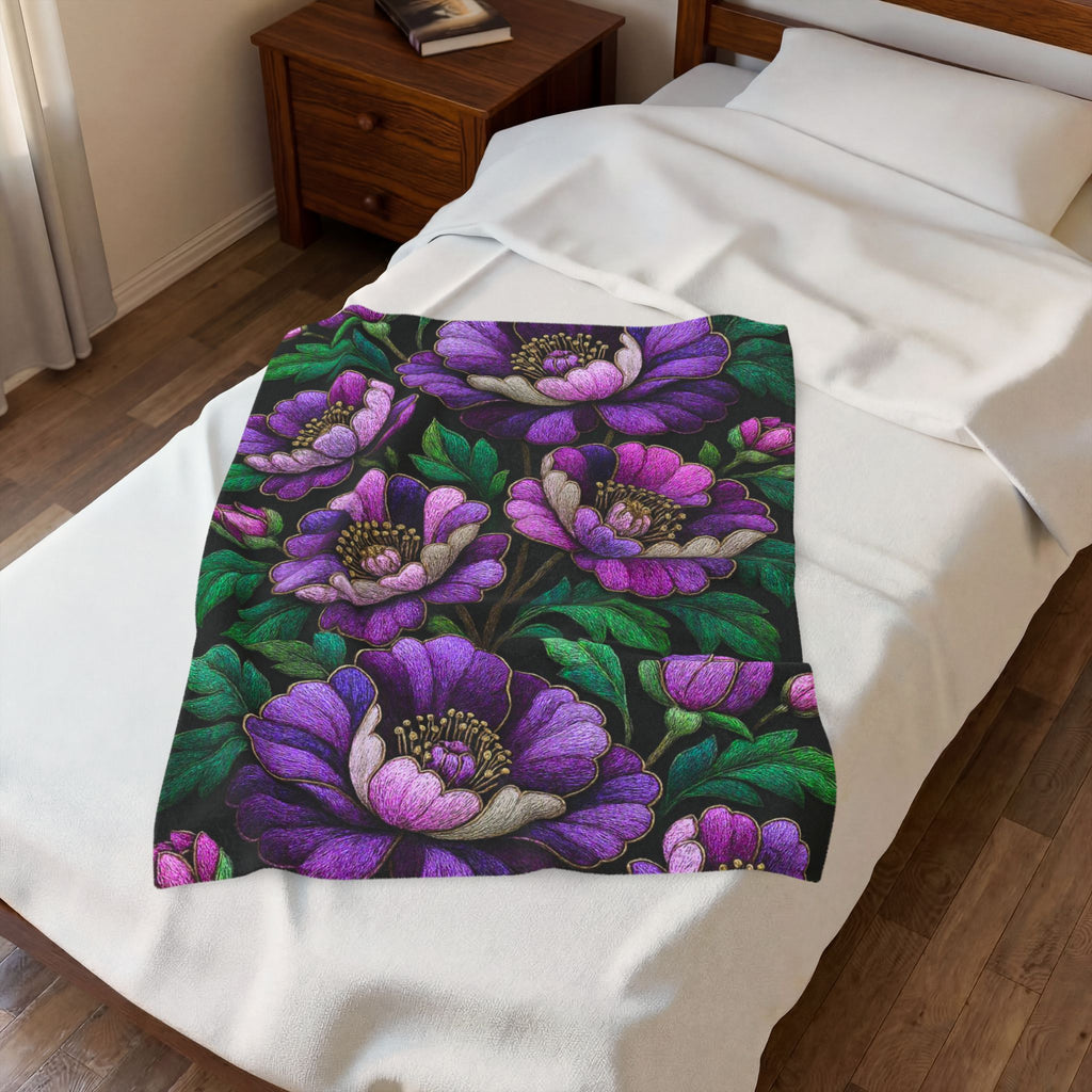 Petrykivka Bloom Blanket | Purple Peony Floral Plush Throw | Moody Embroidered Look Velveteen Cozy Blanket