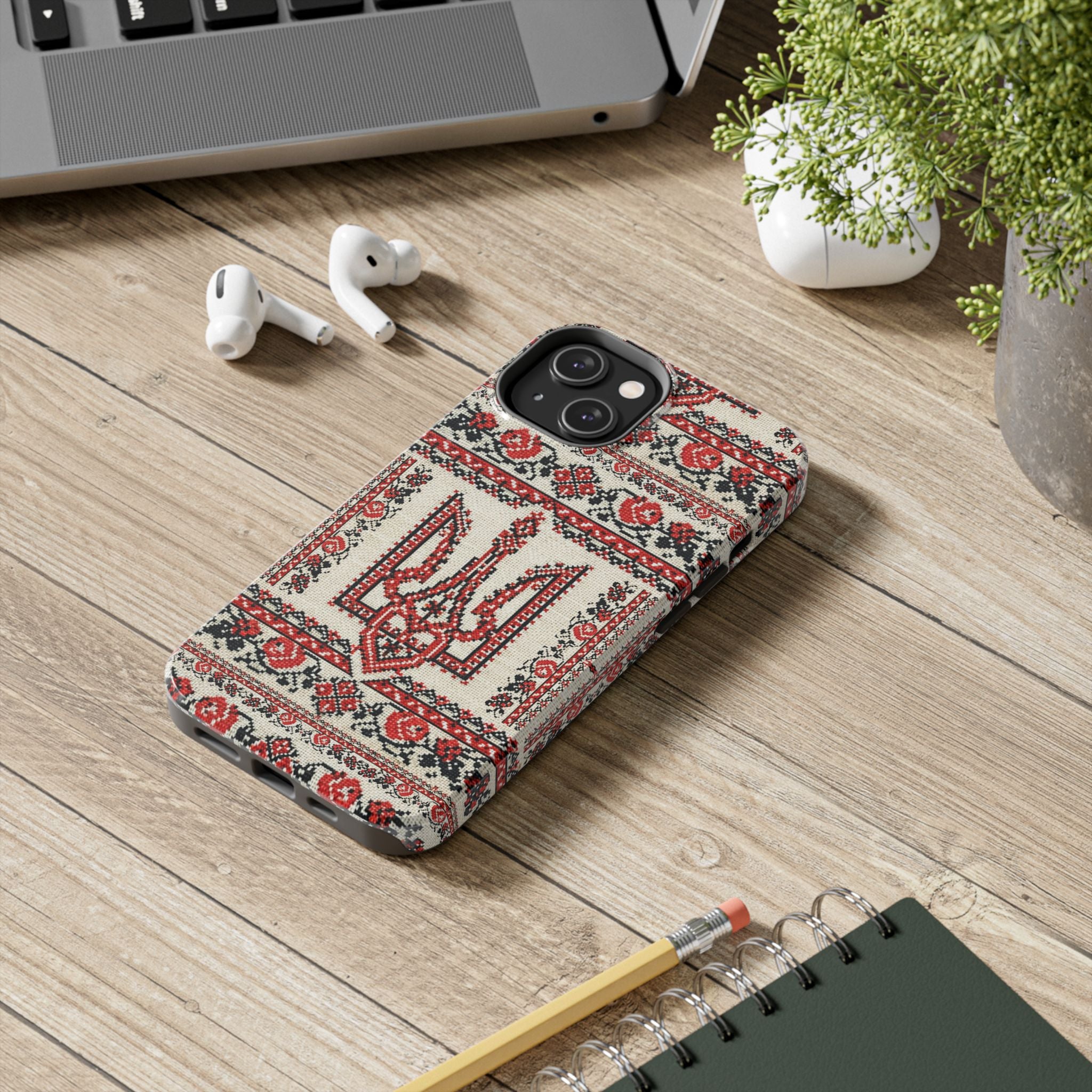 BLUESKYDEZIGN | Tryzub Ukrainian Phone Case | Red Black Trident Folk Embroidery iPhone Cover | Heritage Gift