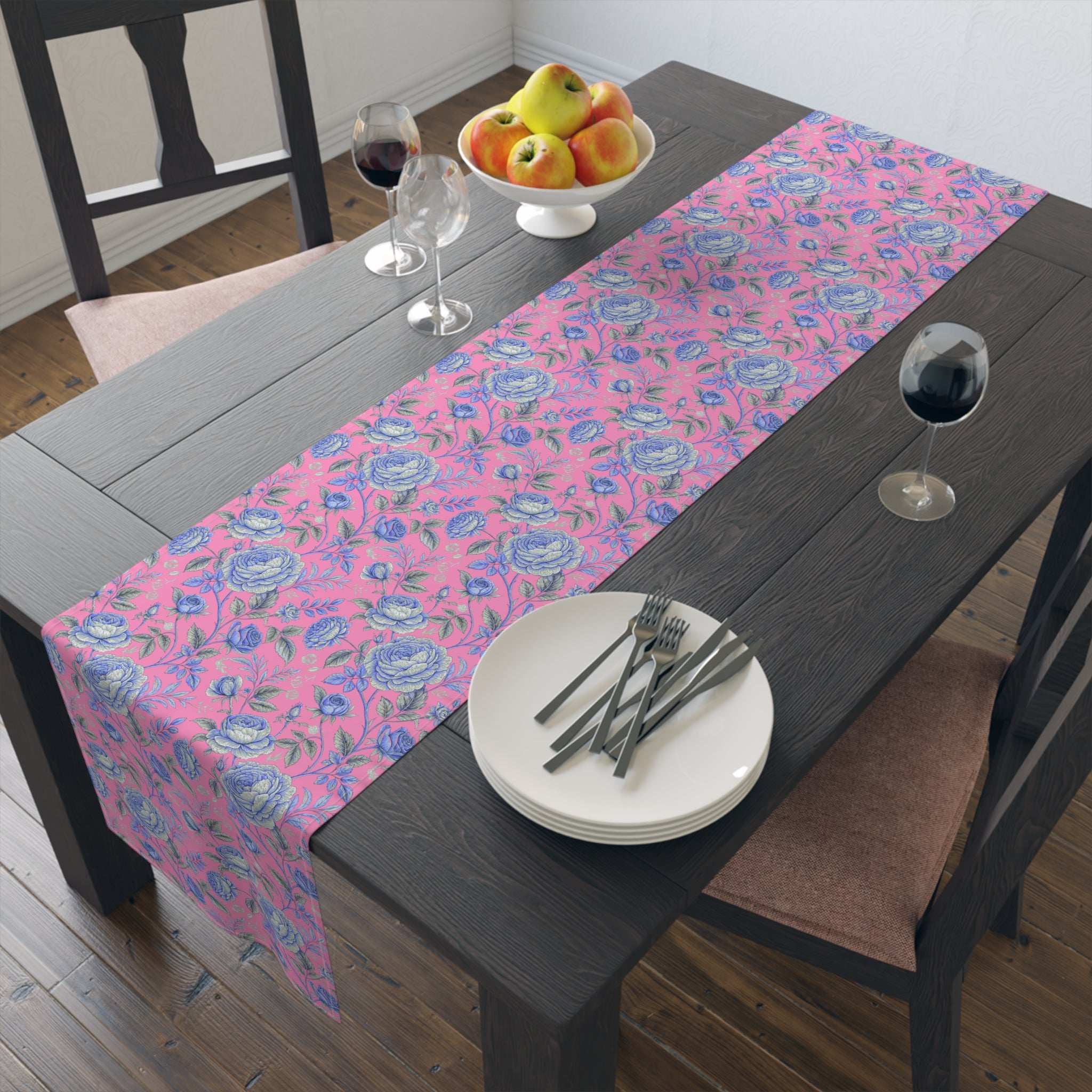 Pink Blue Rose Table Runner | Floral Cottagecore | Cotton or Polyester