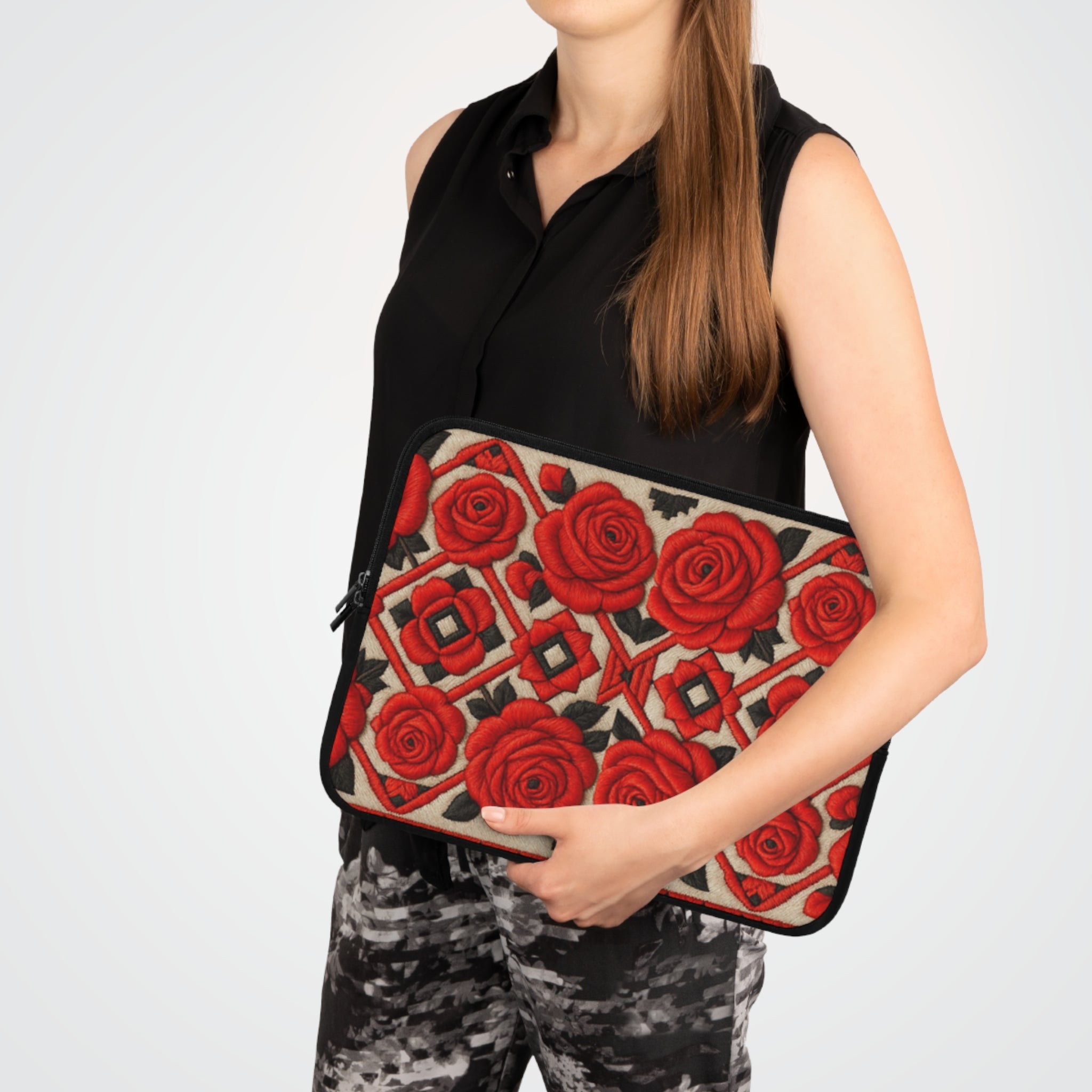 Red Roses Laptop Sleeve | Vintage Floral Neoprene Case with Zipper | Folk Art Tech Bag Gift for Her