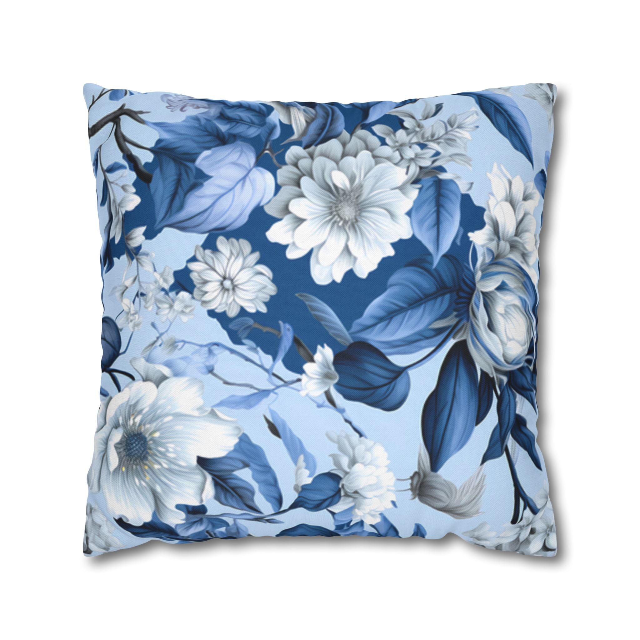 Blue Floral Pillow Cover | Vintage Botanical Double-Sided Cushion Case | Soft Polyester Home Decor