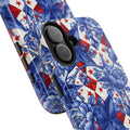 America 250th Anniversary tough phone case with blue toile floral peonies and vines layered over red white and blue star patchwork — bold patriotic kaleidoscopic design, dual-layer shockproof iPhone cover

