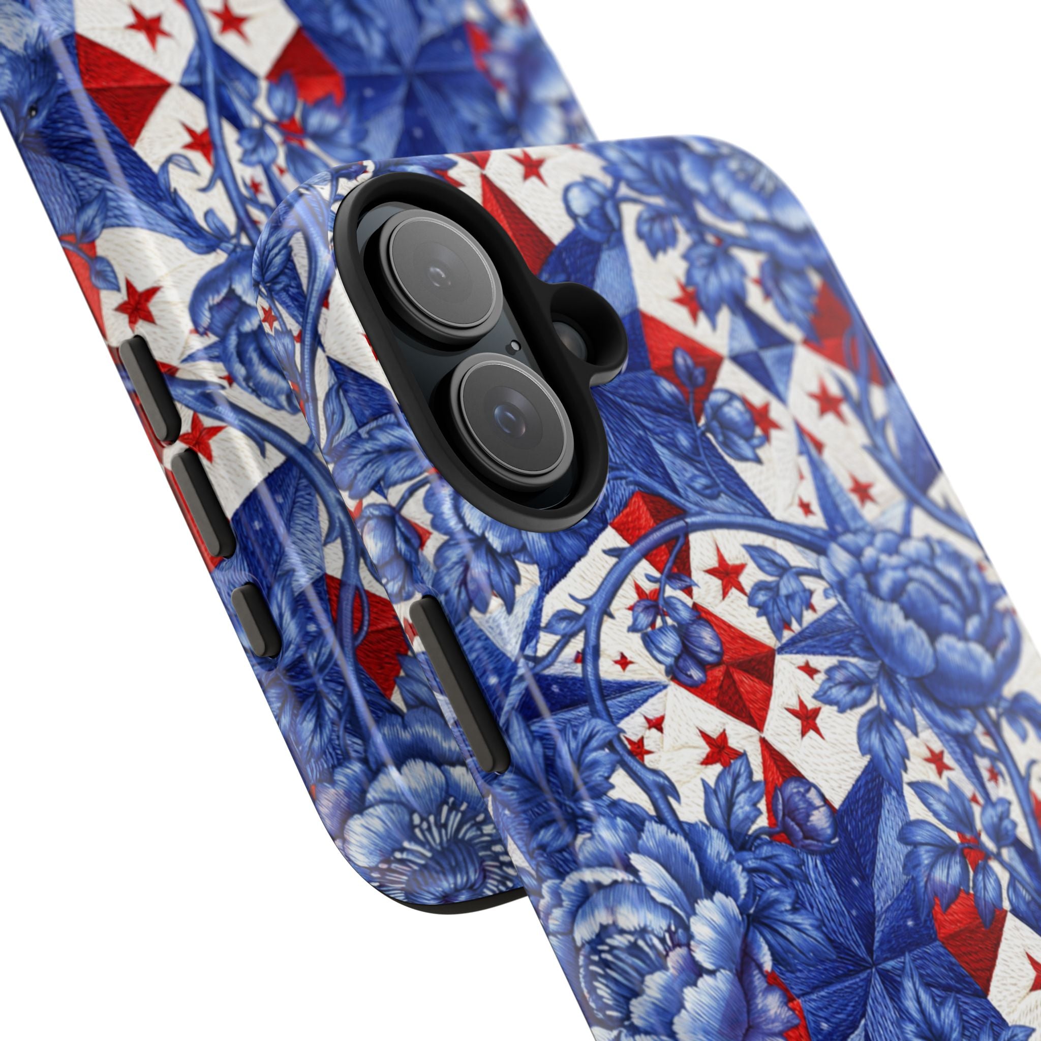 America 250th Anniversary tough phone case with blue toile floral peonies and vines layered over red white and blue star patchwork — bold patriotic kaleidoscopic design, dual-layer shockproof iPhone cover

