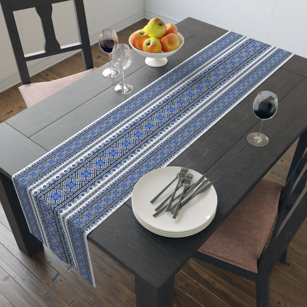 Stasia Blue Table Runner | Ukrainian Folk Embroidery | Indigo Geometric Dining Linen