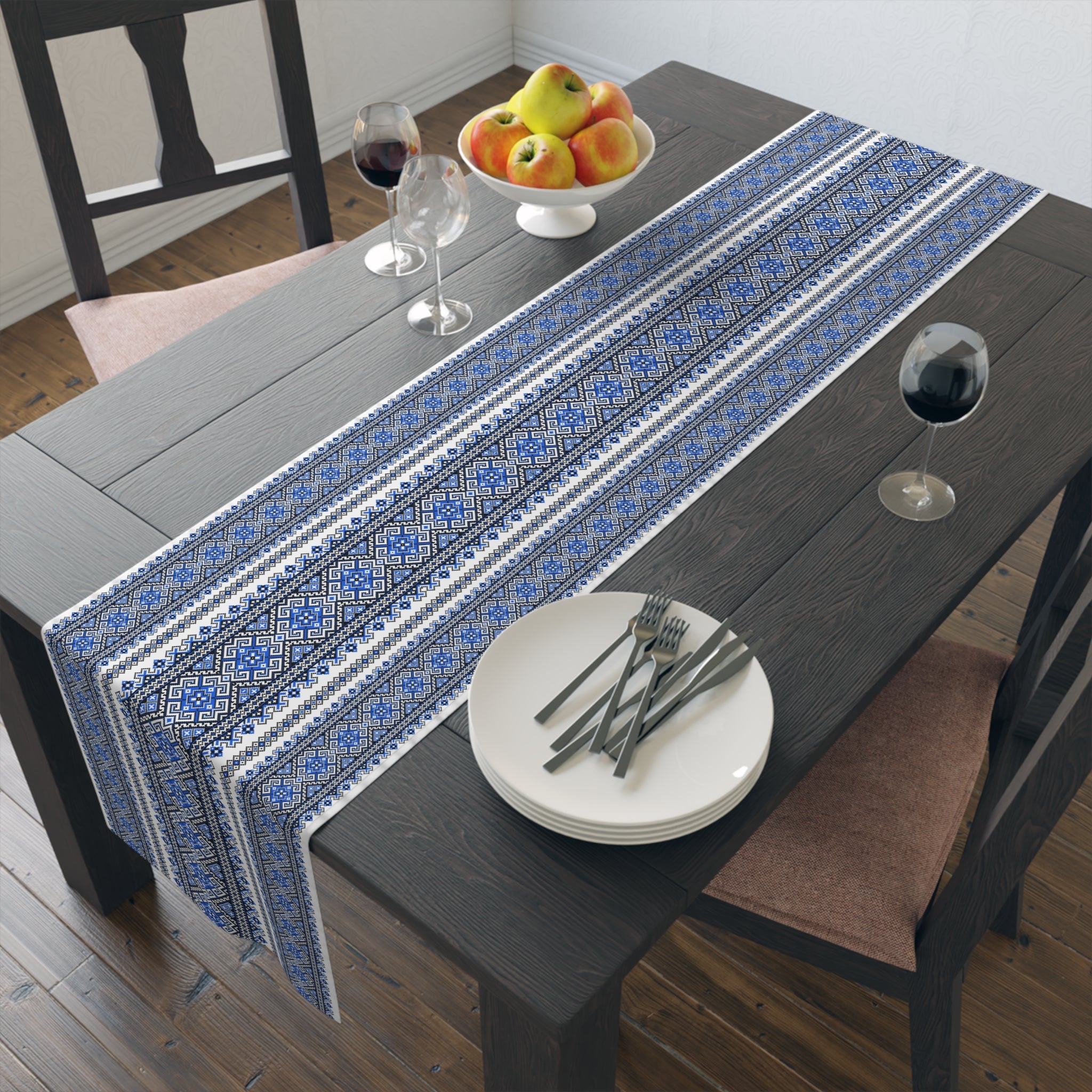 Stasia Blue Table Runner | Ukrainian Folk Embroidery | Indigo Geometric Dining Linen