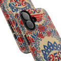 Freedom's Garden 250 patriotic phone case with vintage Americana indigo and terracotta florals on distressed cream background — artist-designed 1776-2026 anniversary floral cover, dual-layer shockproof iPhone case

