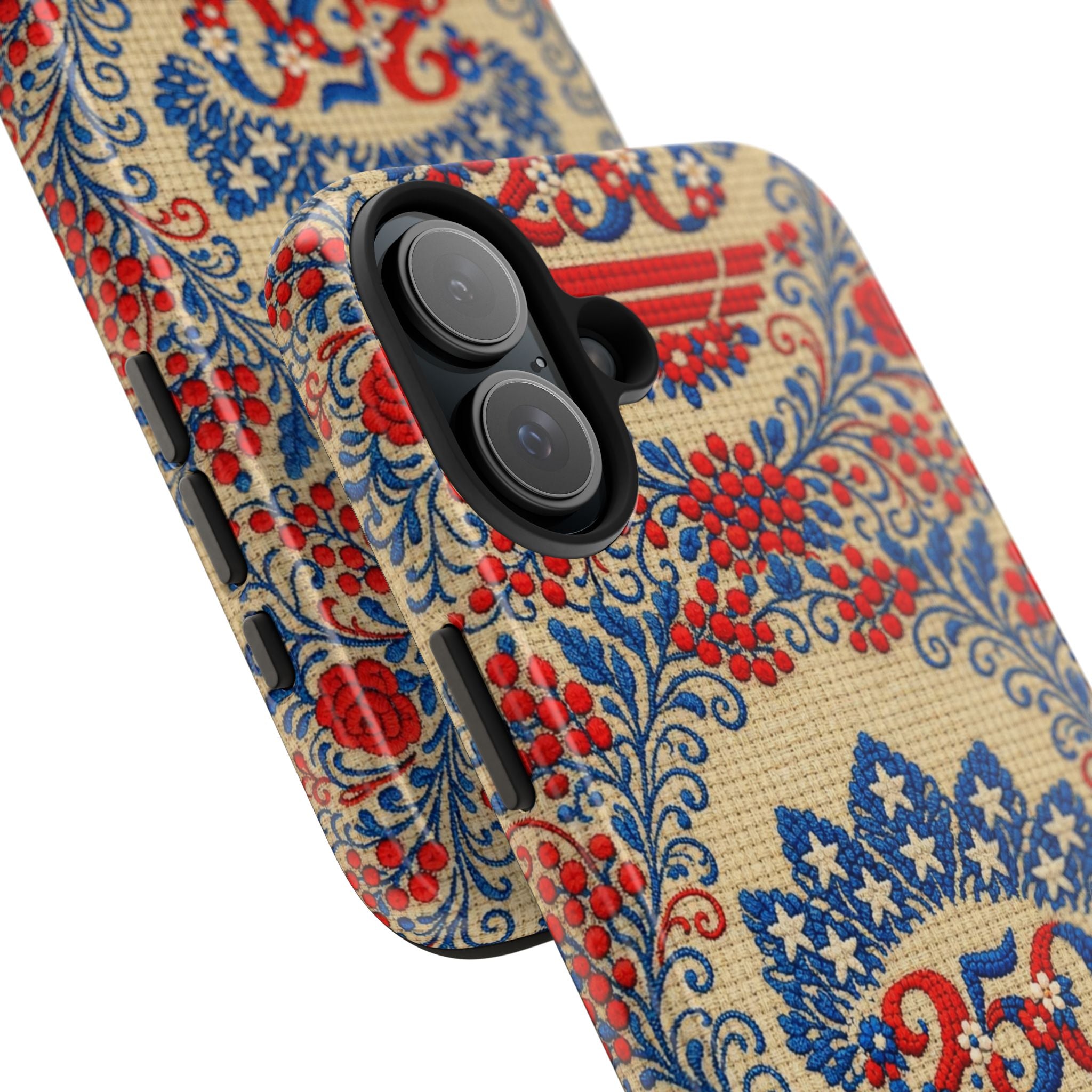 Freedom's Garden 250 patriotic phone case with vintage Americana indigo and terracotta florals on distressed cream background — artist-designed 1776-2026 anniversary floral cover, dual-layer shockproof iPhone case

