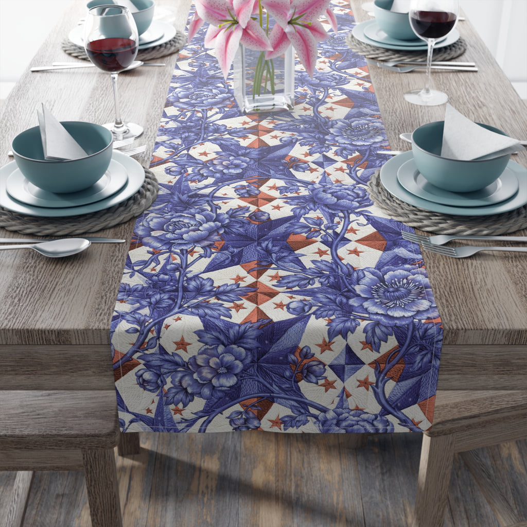 America 250th Anniversary Table Runner - Blue Toile-Inspired Floral & Patriotic Stars Patchwork Decor