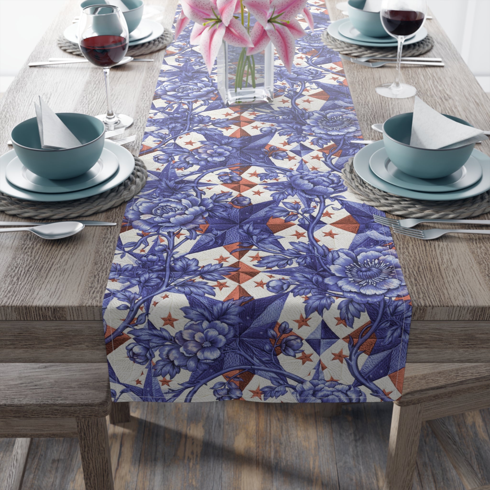 America 250th Anniversary Table Runner - Blue Toile-Inspired Floral & Patriotic Stars Patchwork Decor