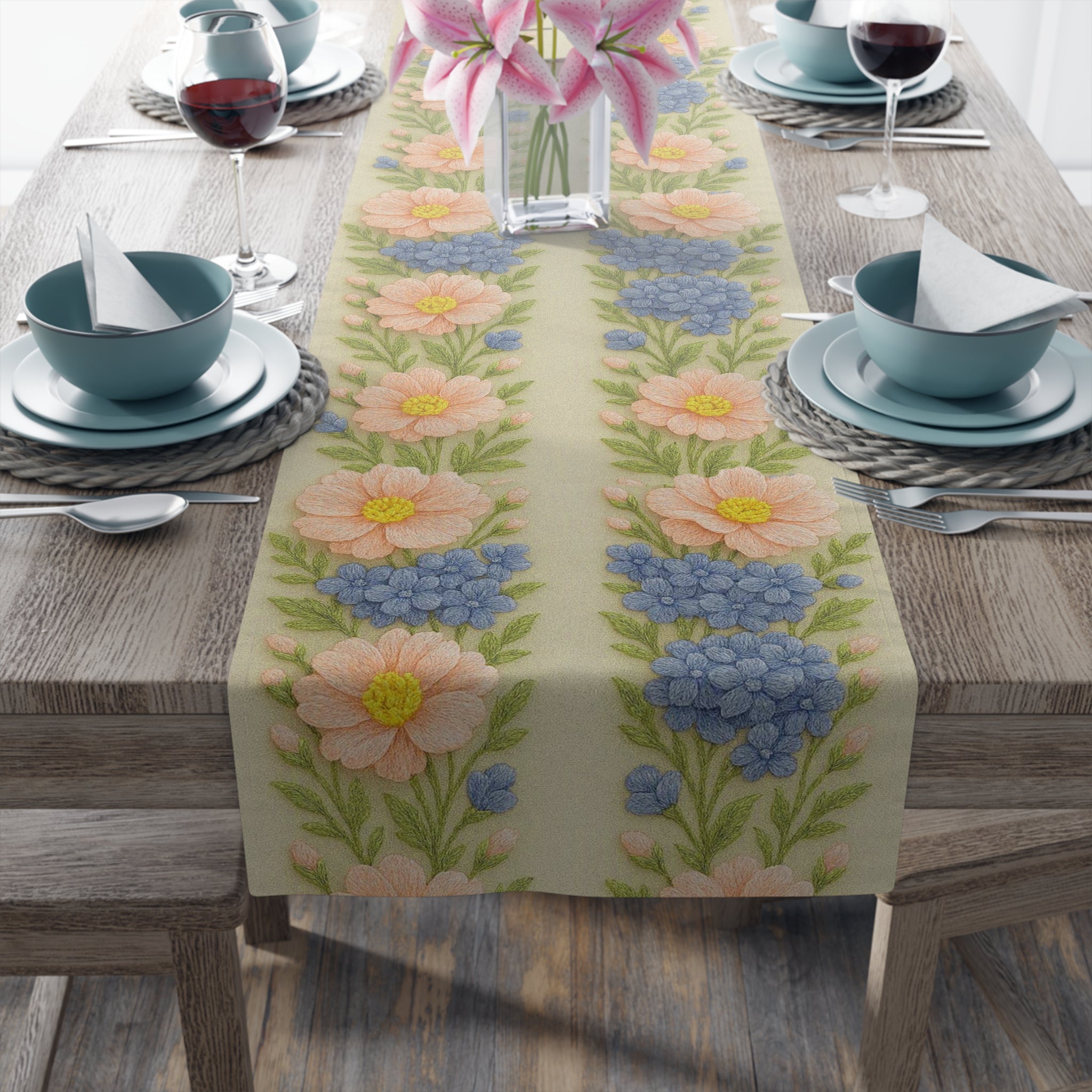 Floral table runner from the Wooly Garden collection with daisies and hyacinths on a wooden table, featuring a realistic wool embroidery print.