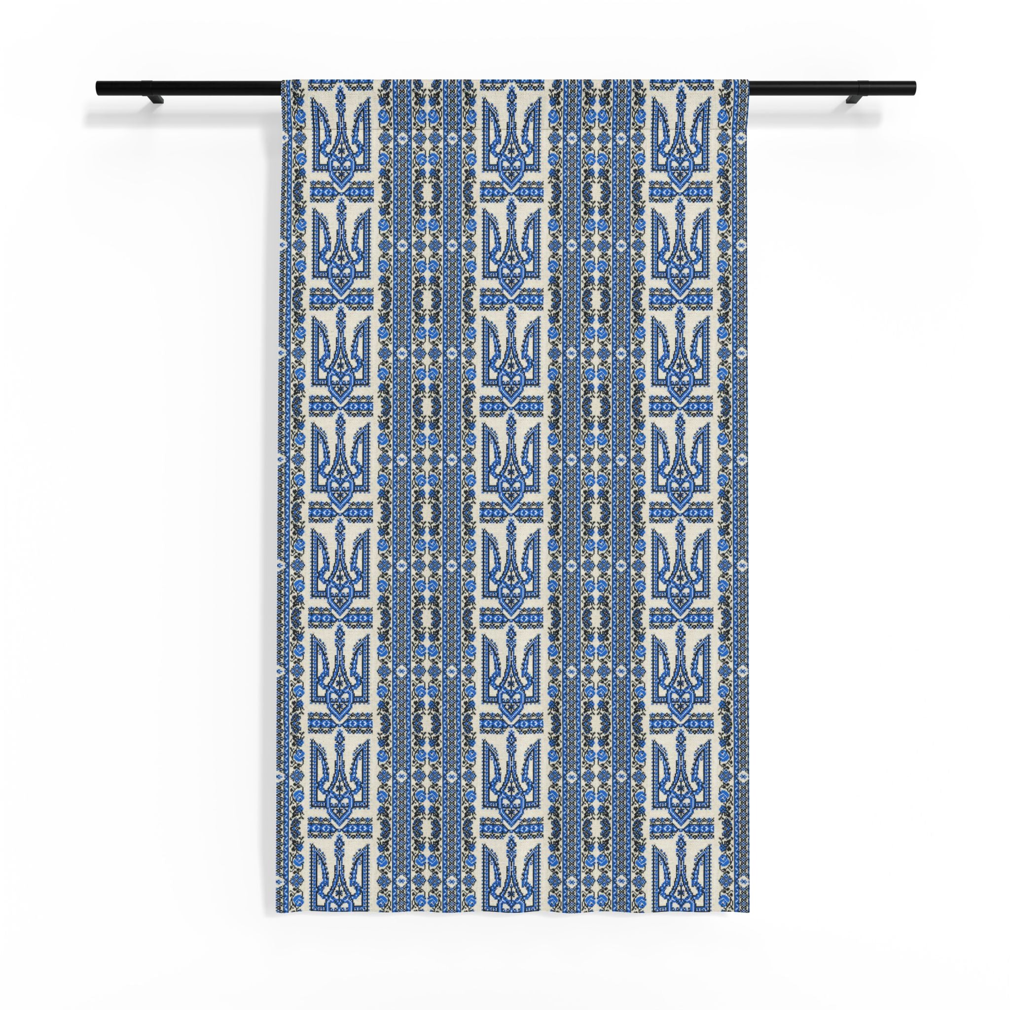 Ukrainian Trident Blue Sheer Curtain | Tryzub Folk Decor | Artist-Designed