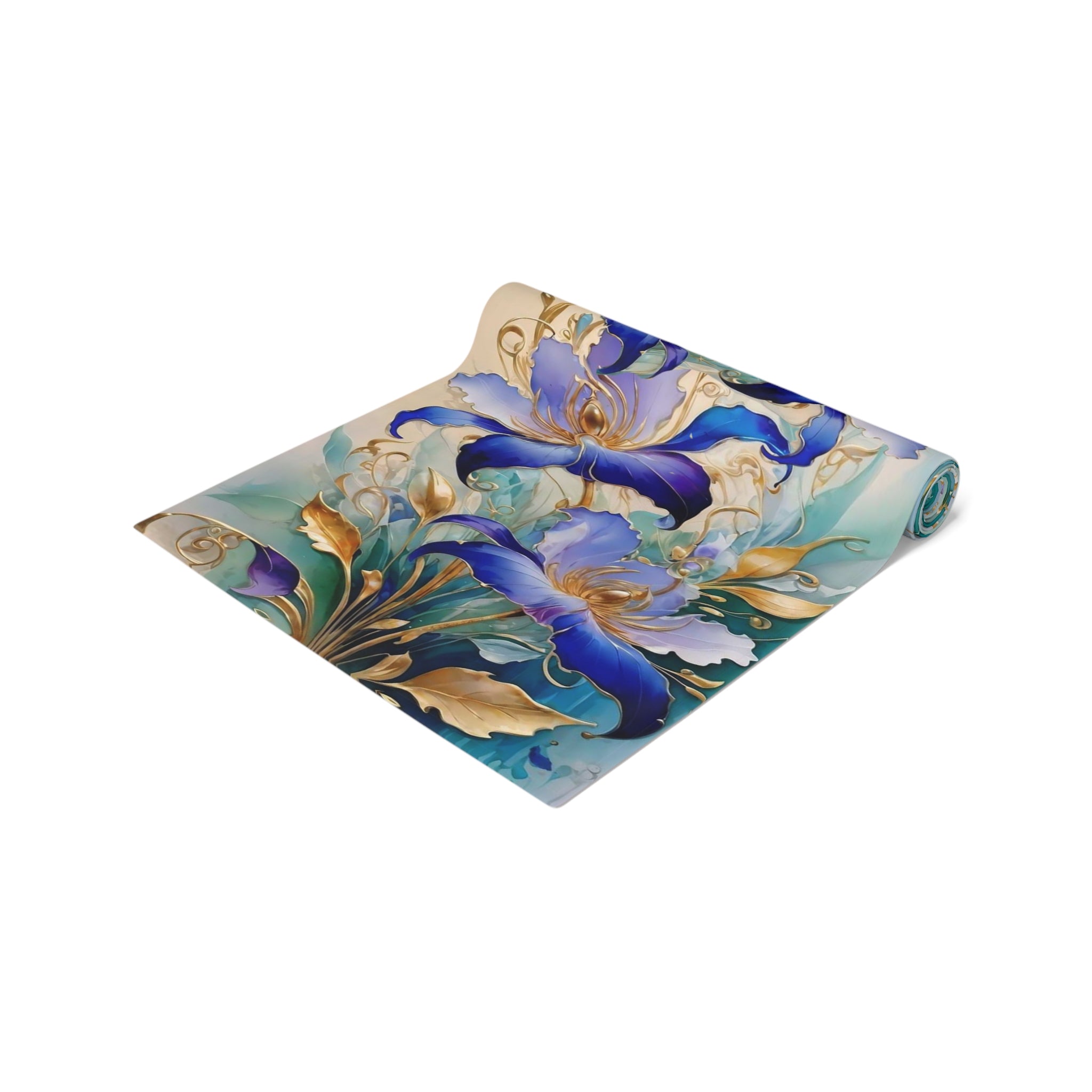 Purple Iris Floral Table Runner – Violet Gold Botanical Dining Decor, Cotton Twill or Polyester, 72" & 90"