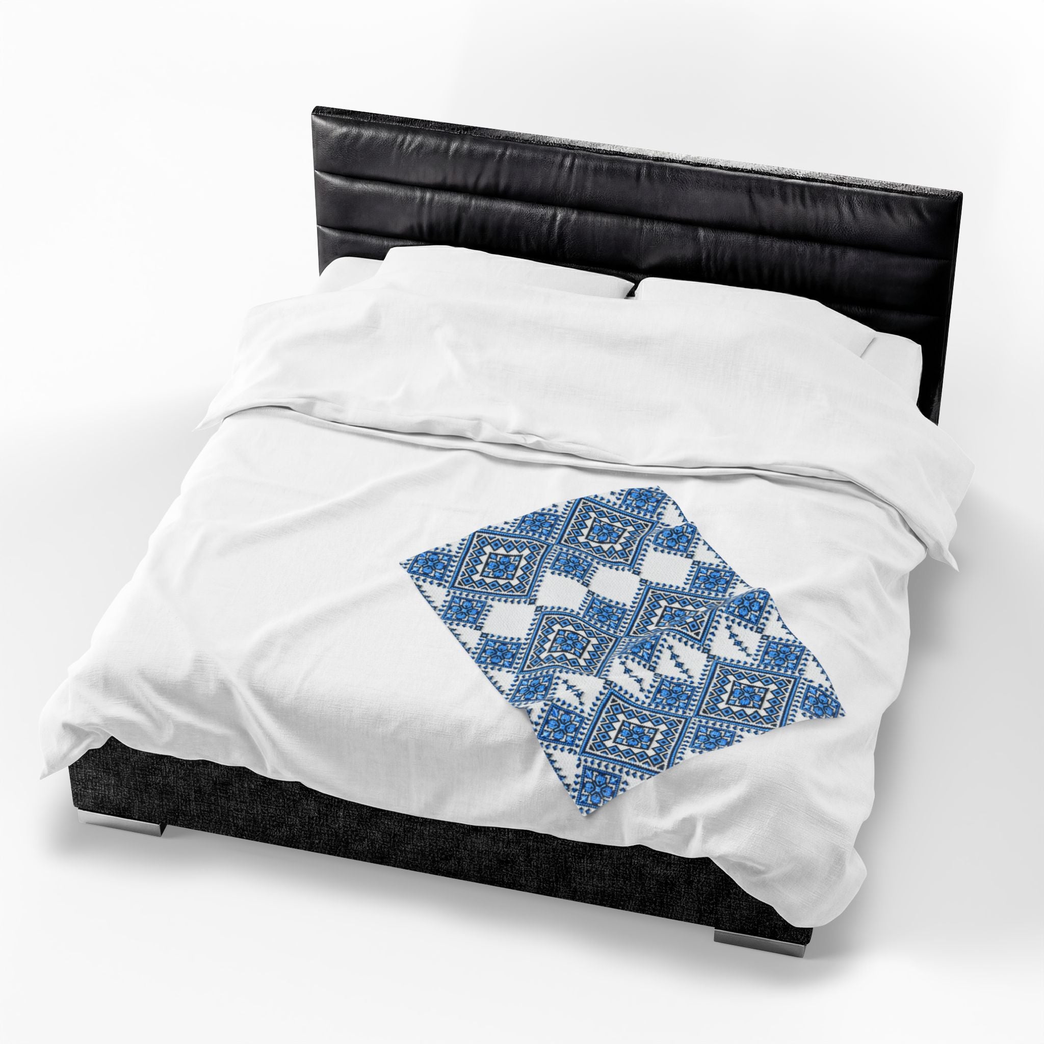 Blue Sky Folk Art Velveteen Plush Blanket | Ukrainian Heritage Geometric Throw