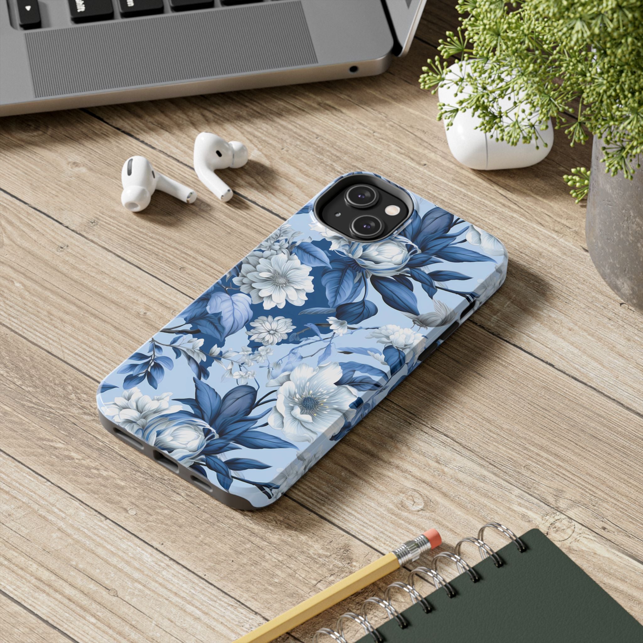 BLUESKYDEZIGN | Blue Floral Watercolor Phone Case | Indigo Rose Botanical iPhone Cover | Elegant Gift for Her