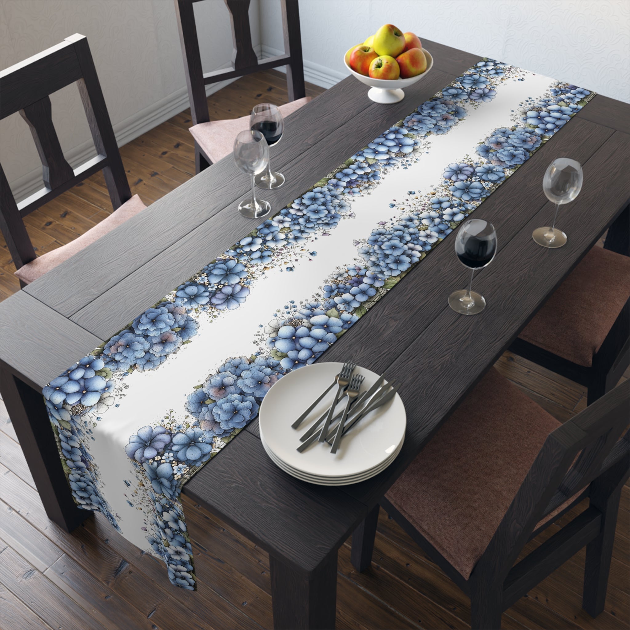 Blue Floral Table Runner, Cotton & Polyester, Spring Dining Table Decor, Elegant Blue and White Flower Runner, 2 Sizes