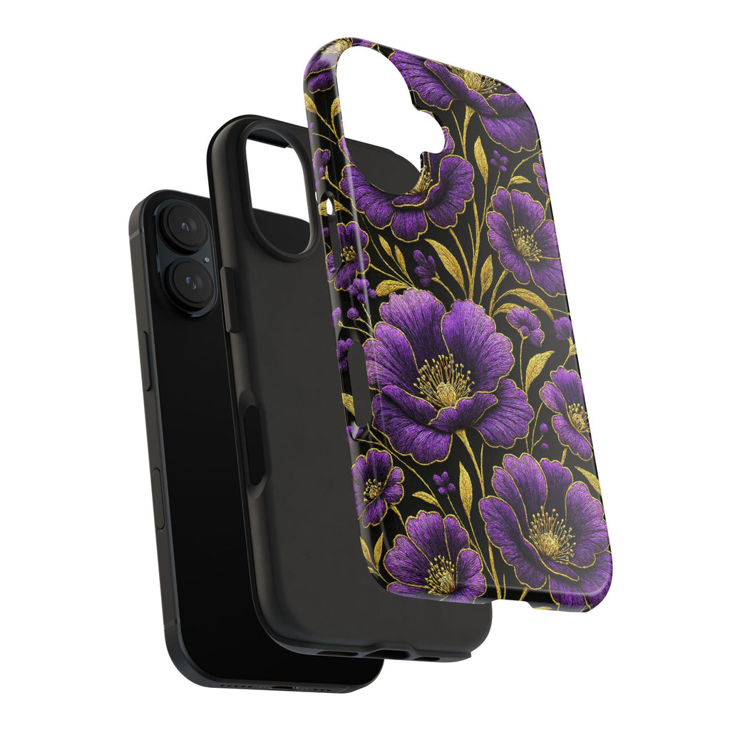 Petrykivka Bloom Phone Case | Purple Poppy Gold Tough Case | Embroidered Look Floral Aesthetic Cover