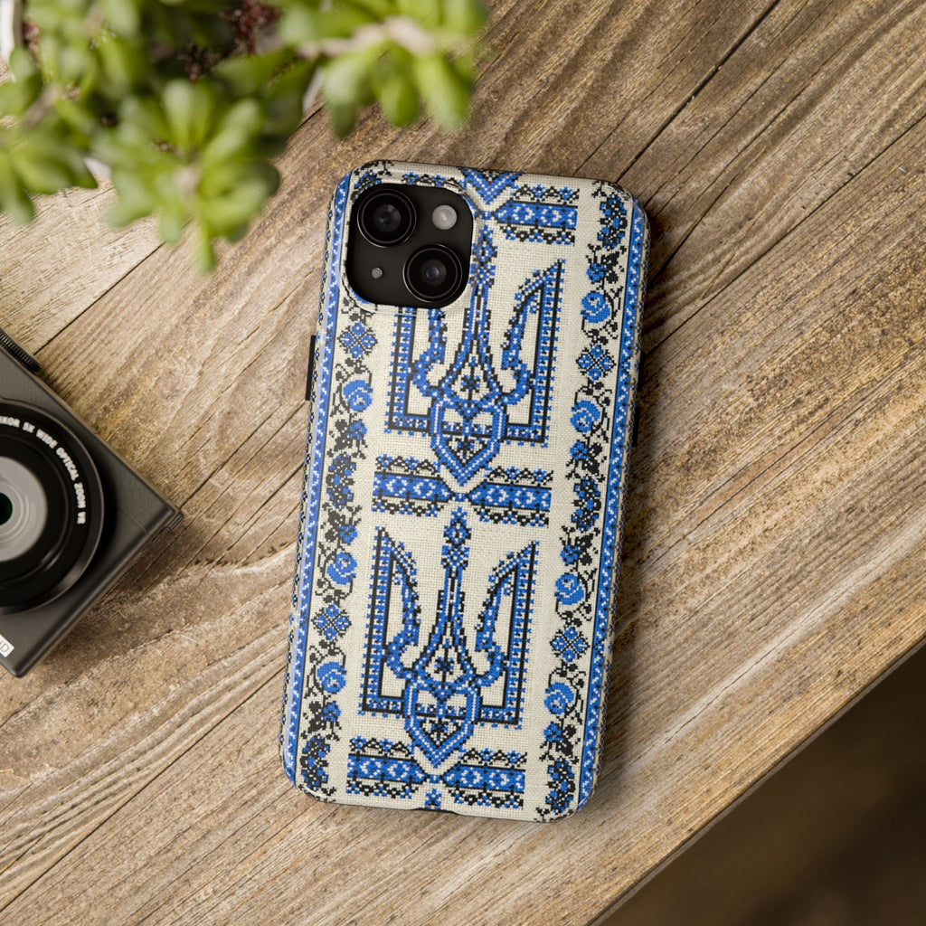 BLUESKYDEZIGN | Ukrainian Trident Freedom Phone Case | Blue Tryzub Vyshyvanka Embroidery iPhone Cover | Artist-Designed