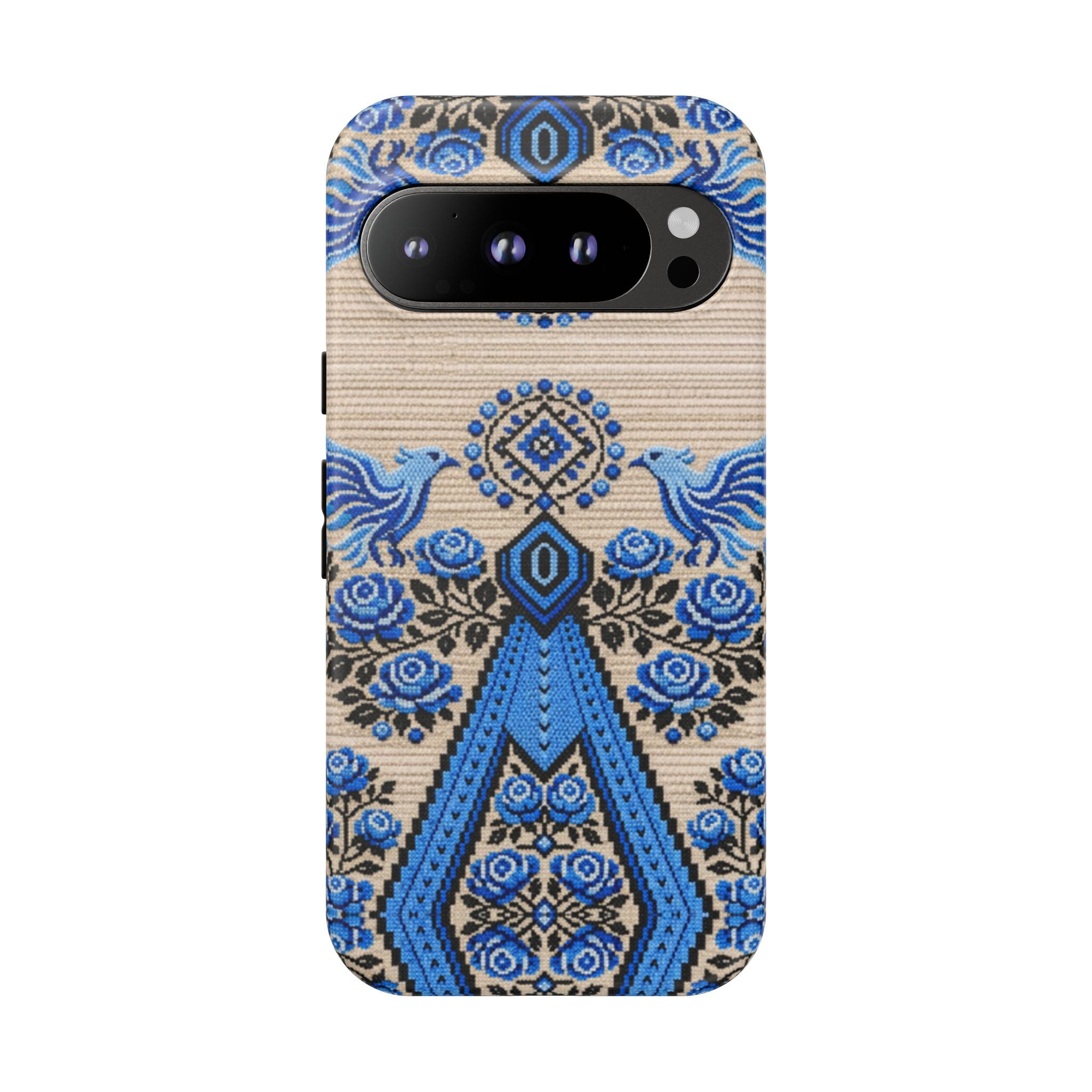 Ukrainian Phone Case  Blue Black Berehynia Design, Falcons & Roses Folk Art, Slavic Embroidery Style Protective Cover
