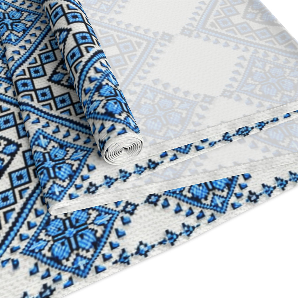 Blue Sky Folk Art Table Runner | Ukrainian Heritage Indigo Geometric Linen