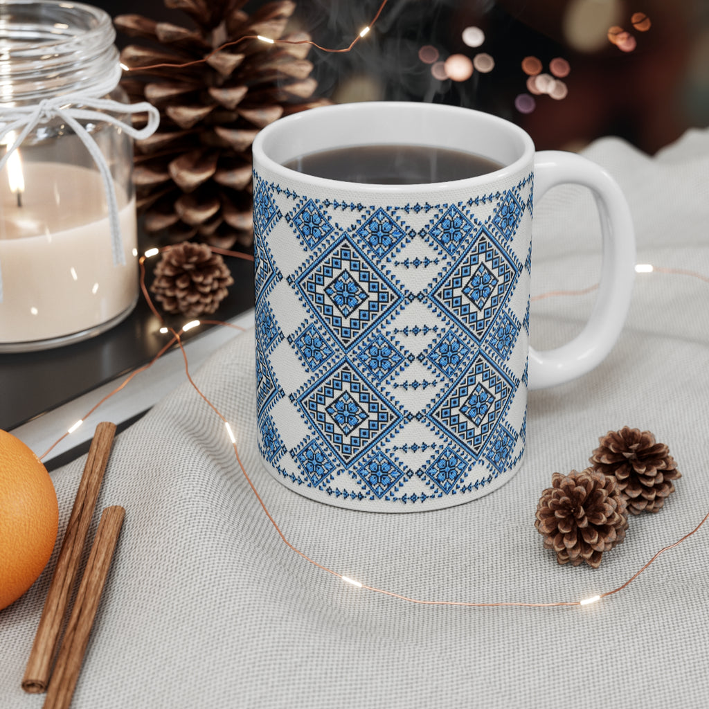 Blue Sky Folk Art Ceramic Mug | Ukrainian Heritage Geometric 11oz