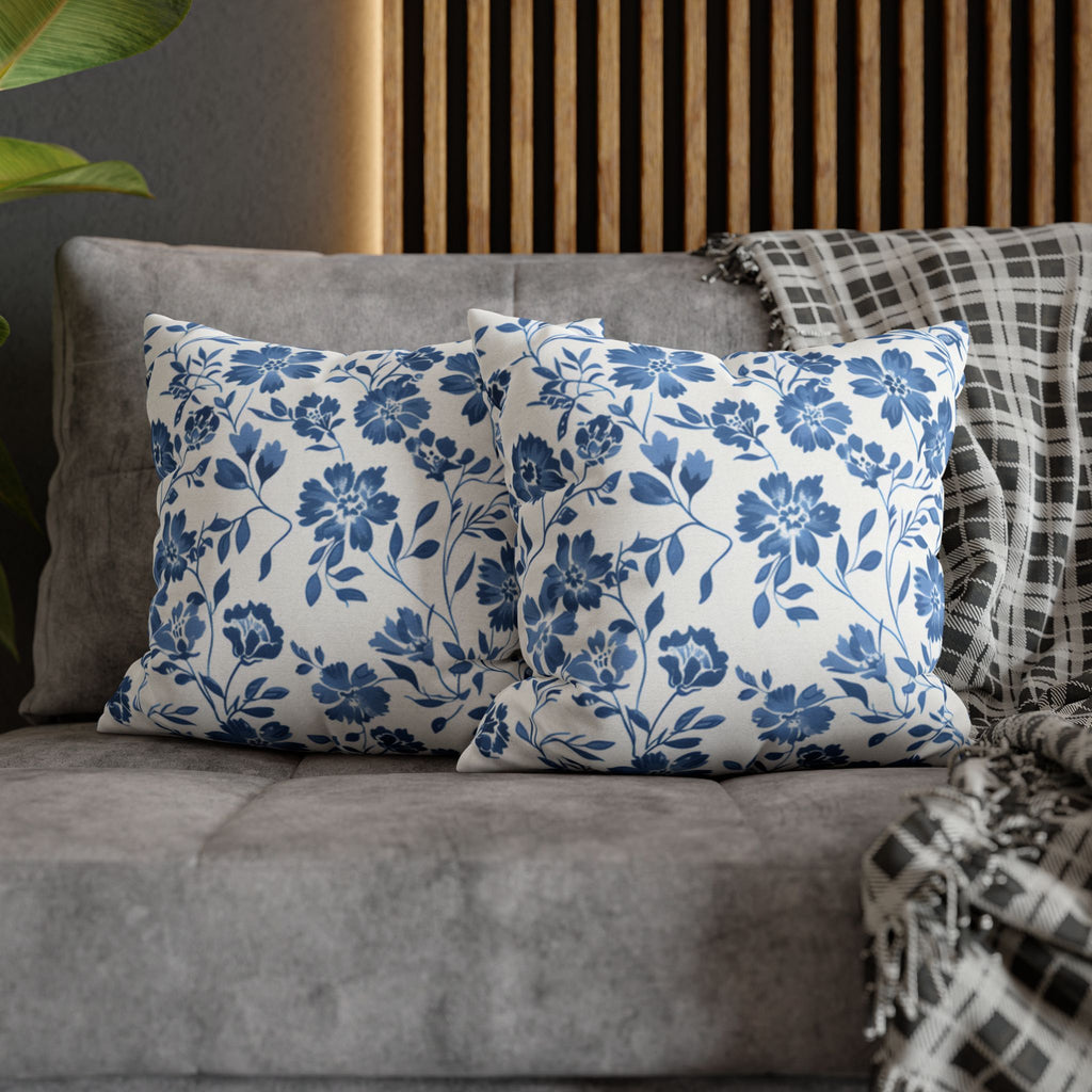 Light Blue Floral Pillowcase Spun Polyester Square Pillowcase | Blue Flower Pillow Cover