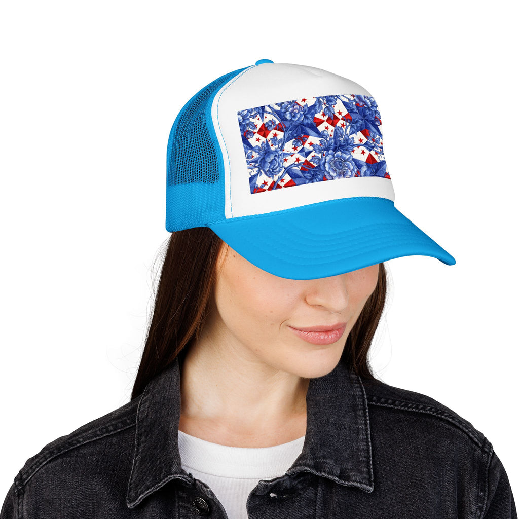 America 250th Anniversary Trucker Hat | Patriotic Toile Floral & Stars | BLUESKYDEZIGN