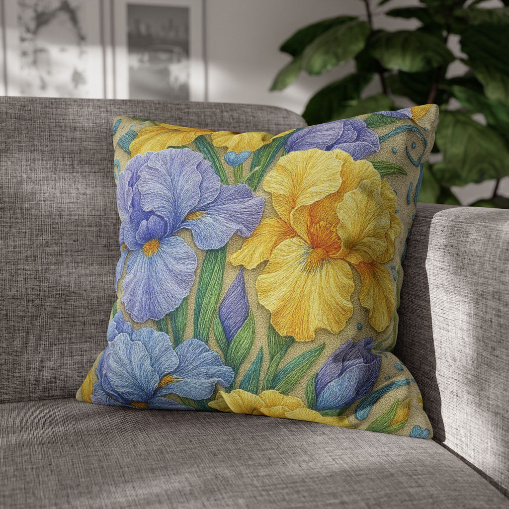 BLUESKYDEZIGN | Yellow and Lavender Irises Pillow Cover | Irises in Bloom Collection | Spring Floral Cushion | Botanical Home Gift