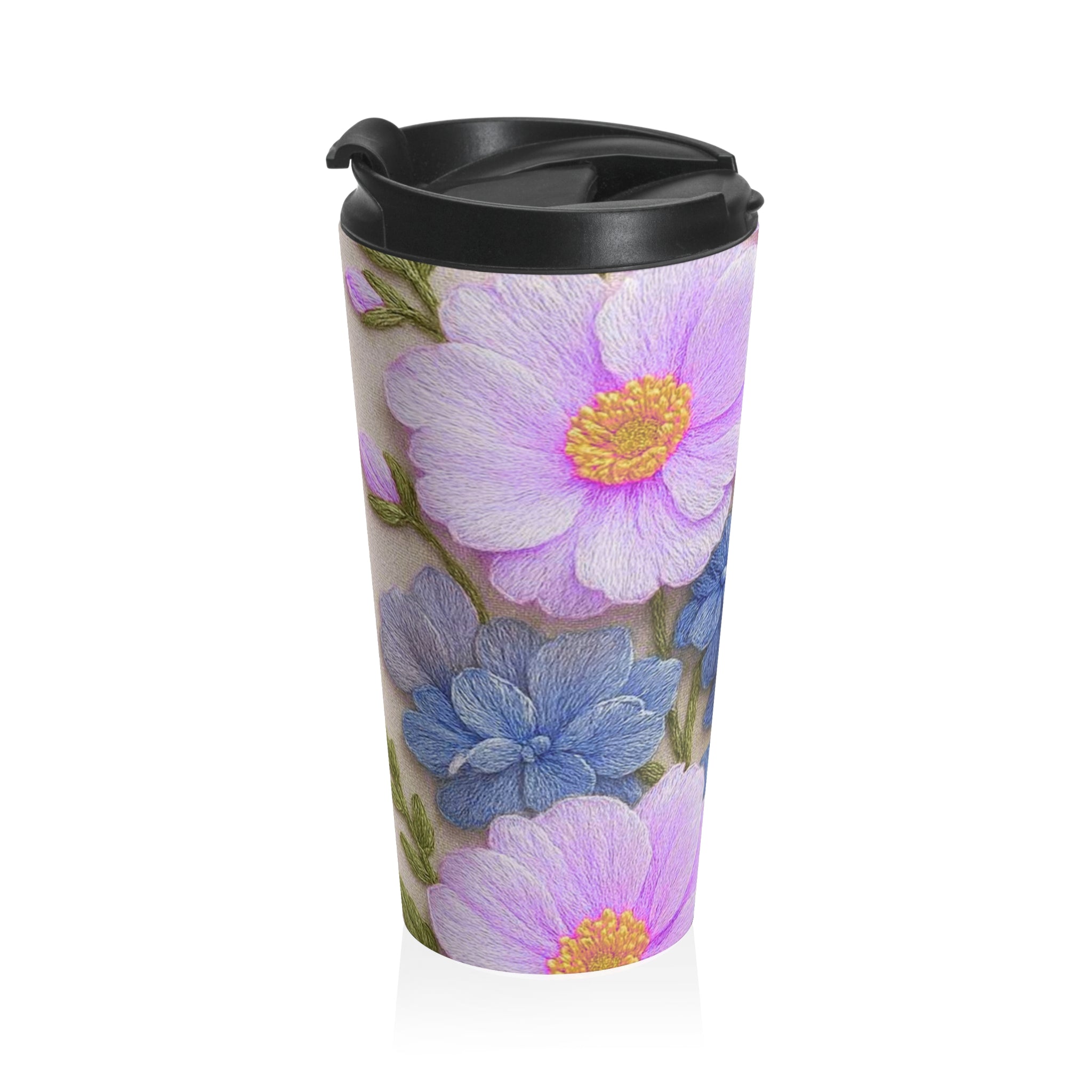 Pink Cosmos and Blue Hydrangea Travel Mug, Alexandra Bloom Collection, Stainless Steel Floral Tumbler, Insulated Coffee Cup Gift
